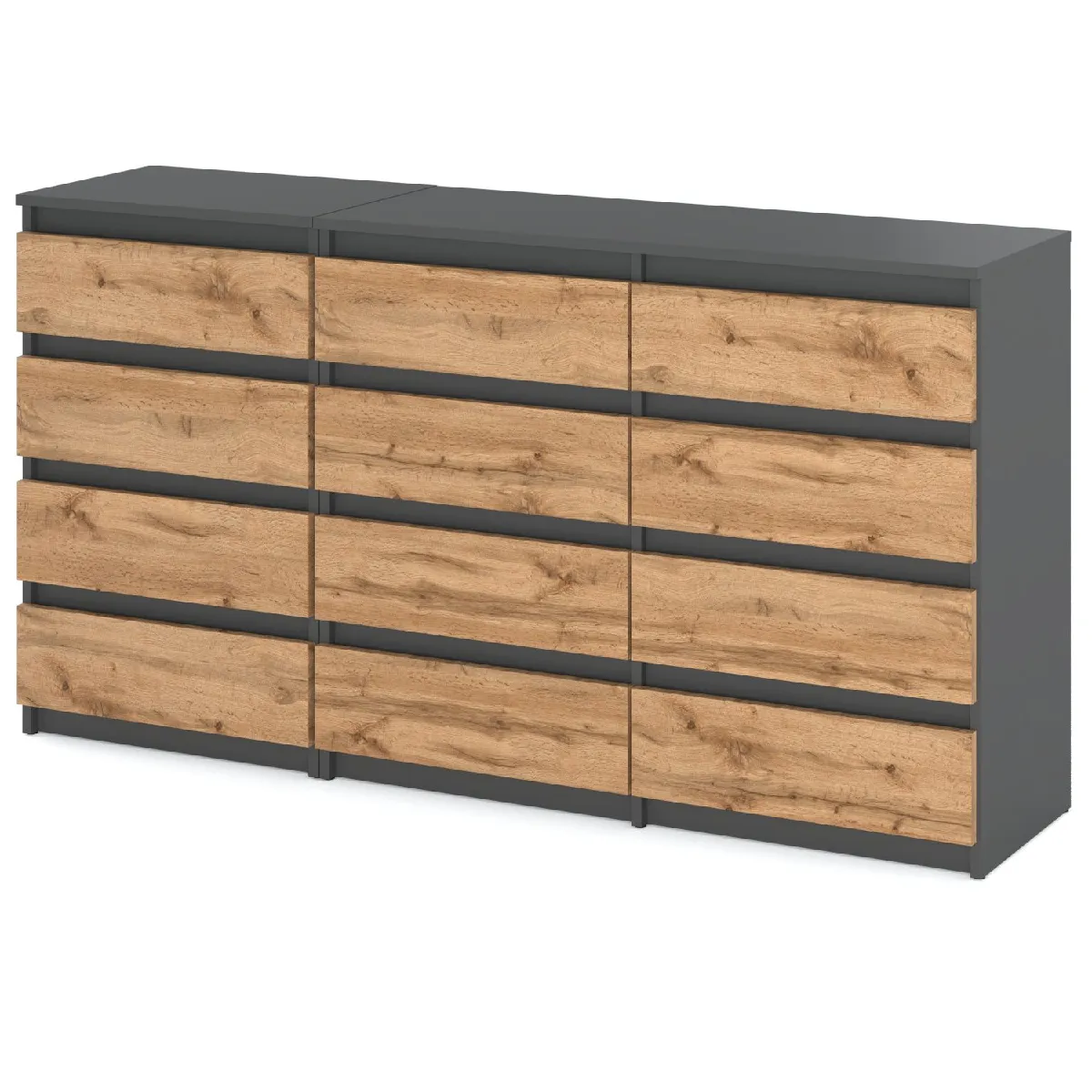 Grande Commode 180 cm 12 Tiroirs Gris Mat Chêne Wotan - Meuble TV Buffet Rangement Salon Chambre