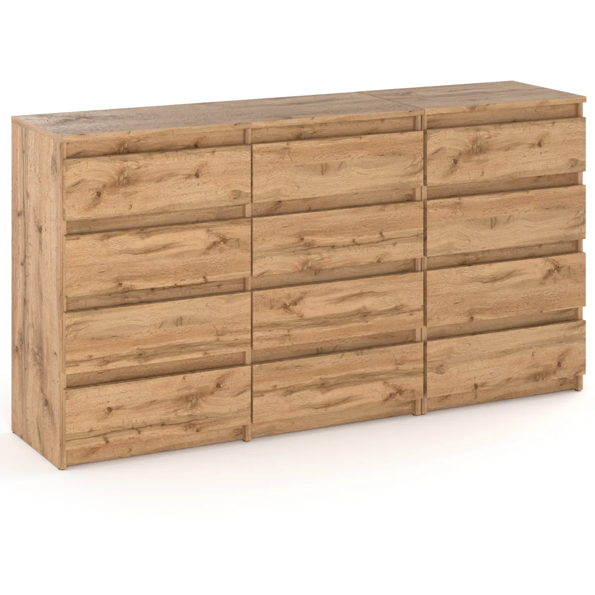 Grande Commode 180 cm 12 Tiroirs Chêne Wotan - Meuble TV Buffet Rangement Salon Chambre