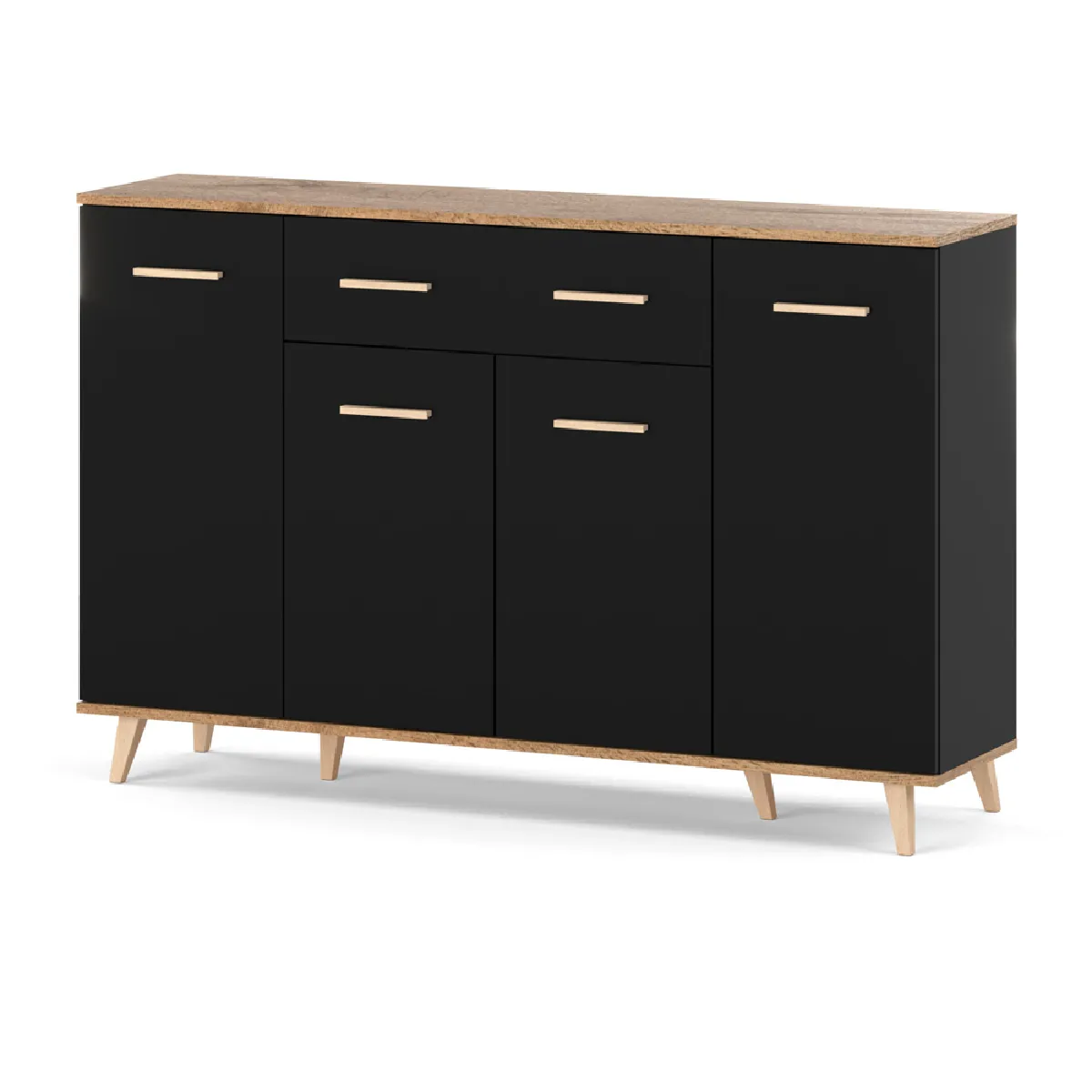 Commode 146cm avec 4 portes et tiroir -Noir / Chêne Wotan - meuble de rangement loft