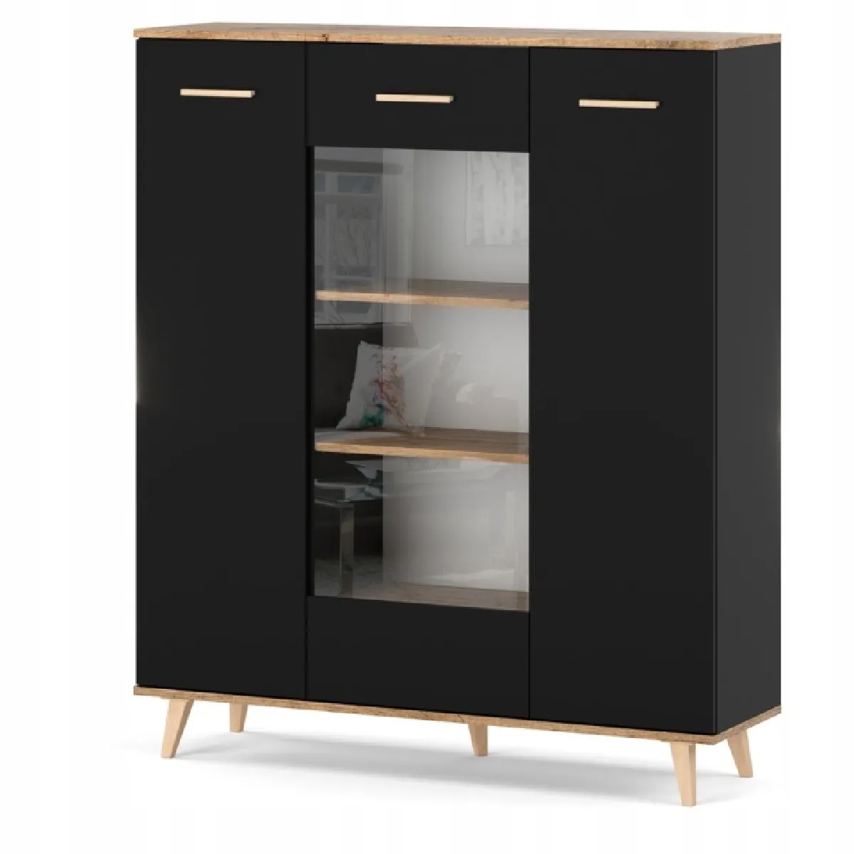 Vitrine 119,2cm -Noir / Chêne Wotan - 10 étagères, portes vitrées et rangement loft