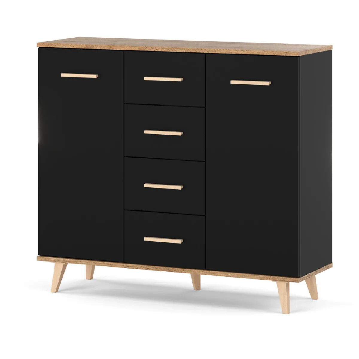 Commode 106,4cm avec 4 tiroirs - Noir / Chêne Wotan - meuble de rangement pour salon et chambre