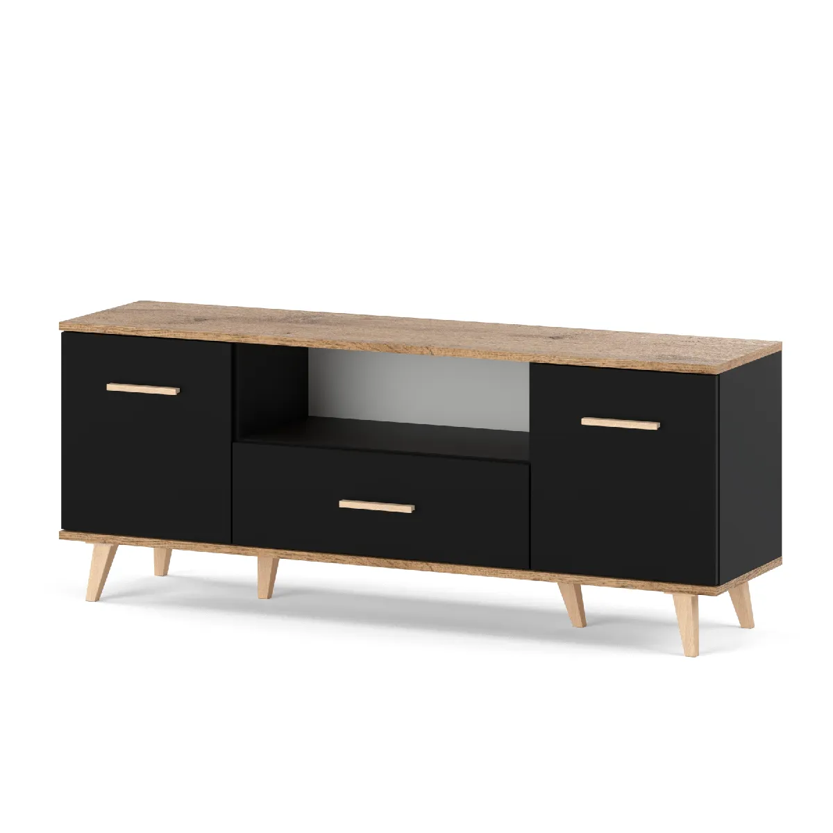 Meuble télé TV 137cm-Noir / Chêne Wotan- avec tiroir et rangements pour salon