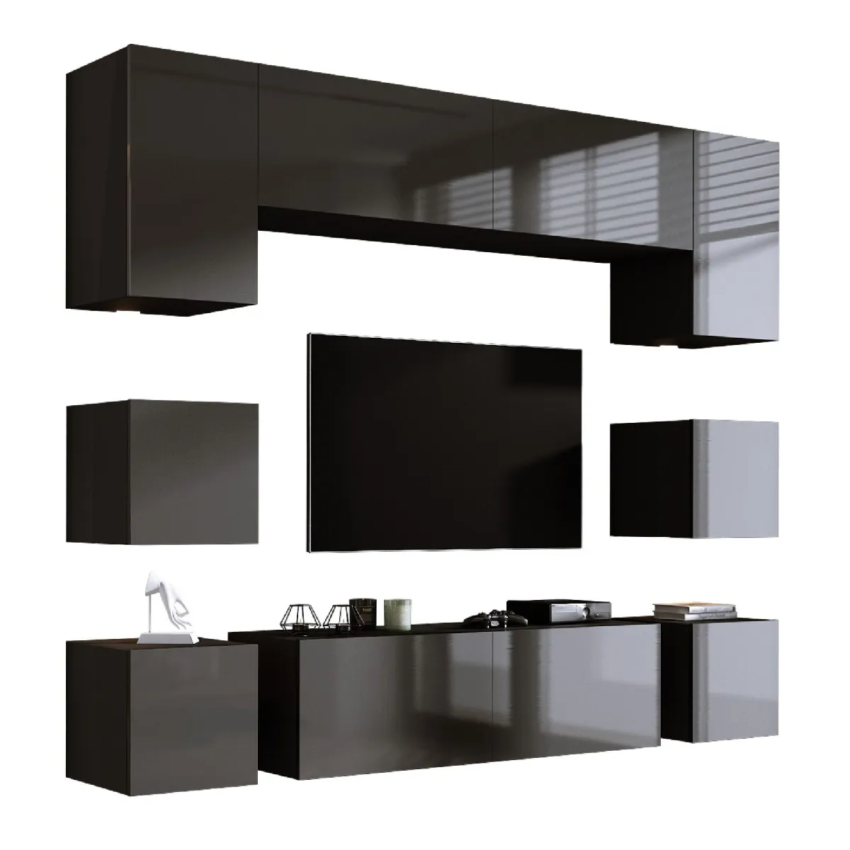 Elément mural, Noir Mat/Gris Brillant, largeur: 228 cm, hauteur: RÉGLABLE, profondeur: 37 cm