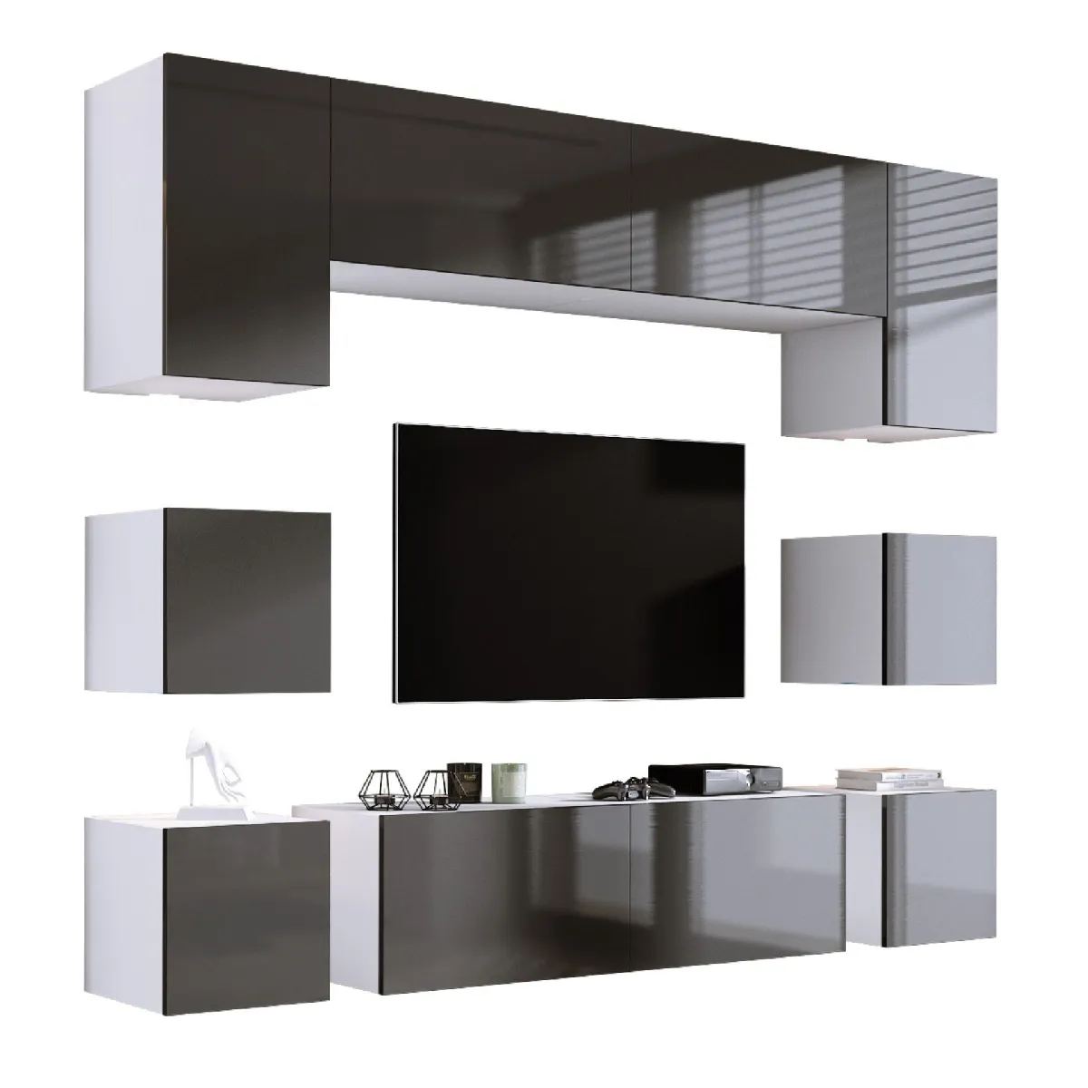 Elément mural, Blanc Mat/Gris Brillant, largeur: 228 cm, hauteur: RÉGLABLE, profondeur: 37 cm