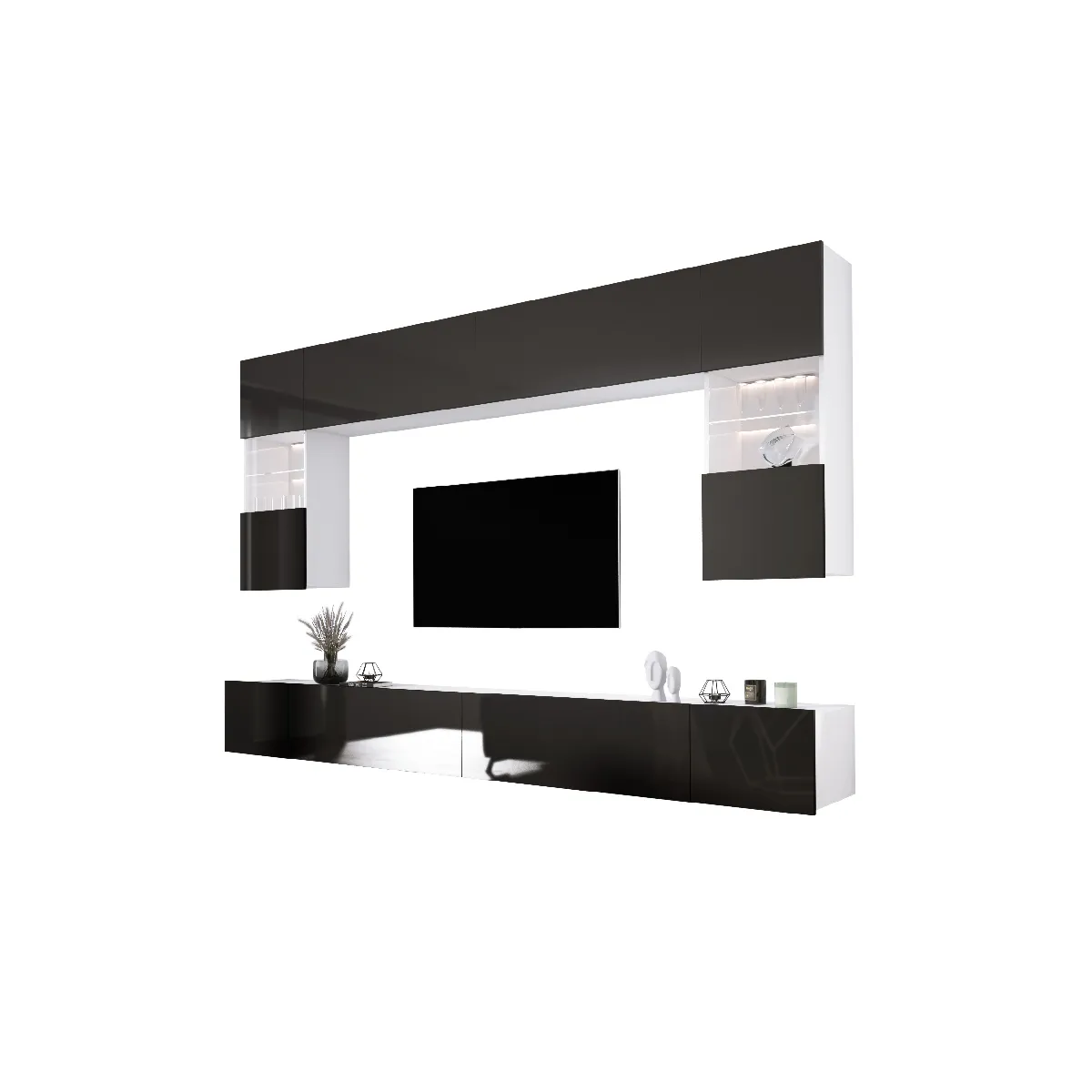 Elément mural: 10 portes, 20 étagères, blanc / noir brillant, largeur: 300 cm, hauteur: RÉGLABLE, profondeur: 42 cm
