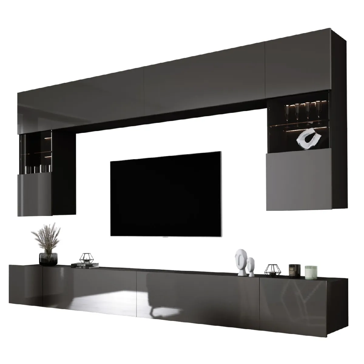 Elément mural: 10 portes, 20 étagères, noir/gris brillant, largeur: 300 cm, hauteur: RÉGLABLE, profondeur: 42 cm