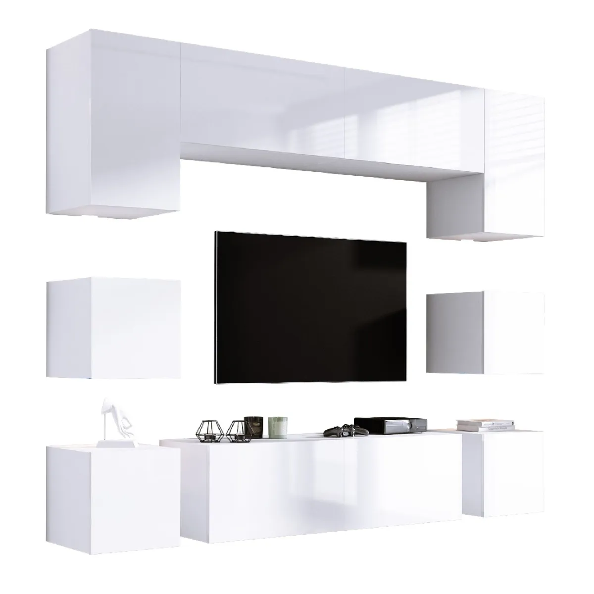Elément mural, Blanc Mat / Blanc Brillant, largeur: 228 cm, hauteur: RÉGLABLE, profondeur: 37 cm