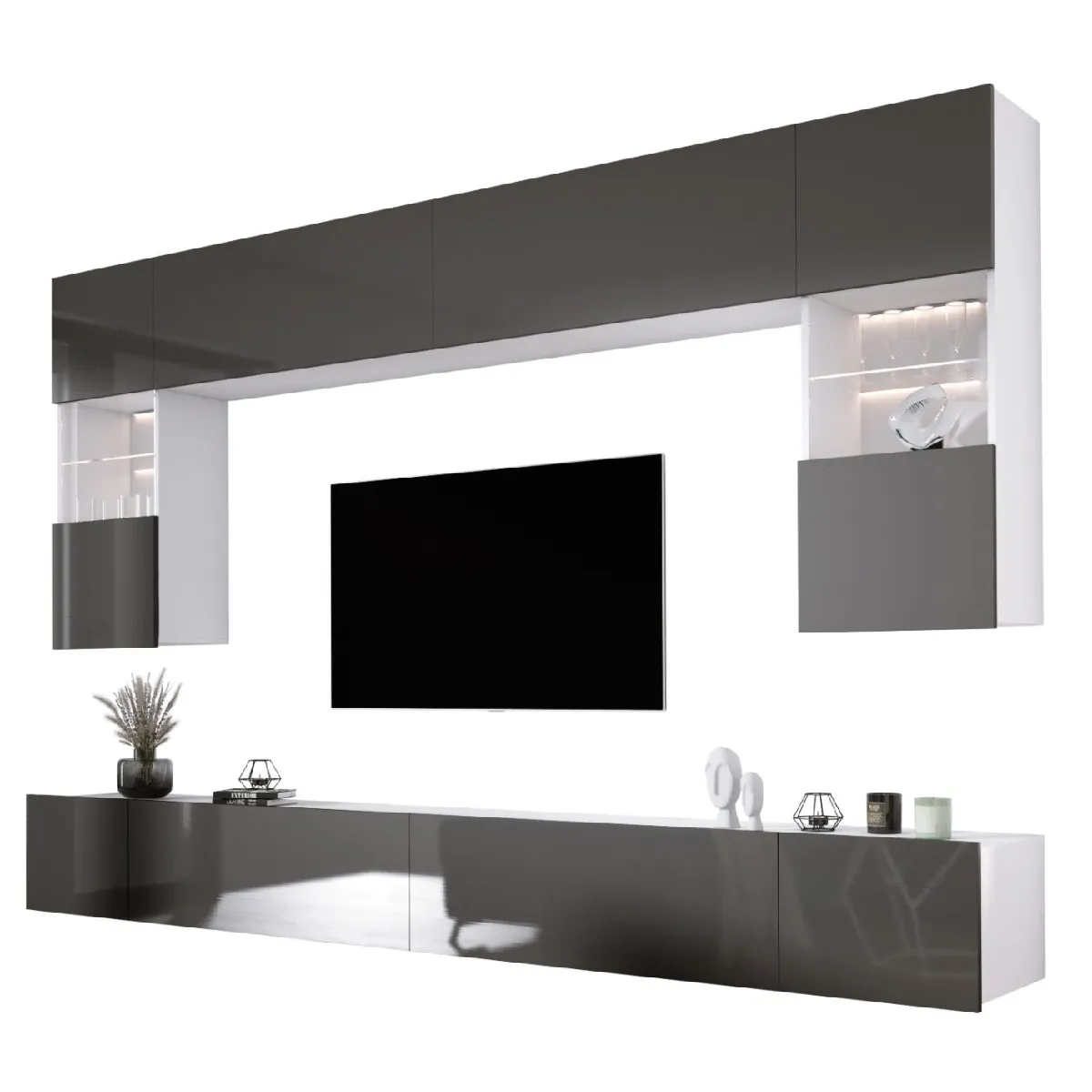 Elément mural: 10 portes, 20 étagères, blanc / blanc brillant, largeur: 300 cm, hauteur: RÉGLABLE, profondeur: 42 cm
