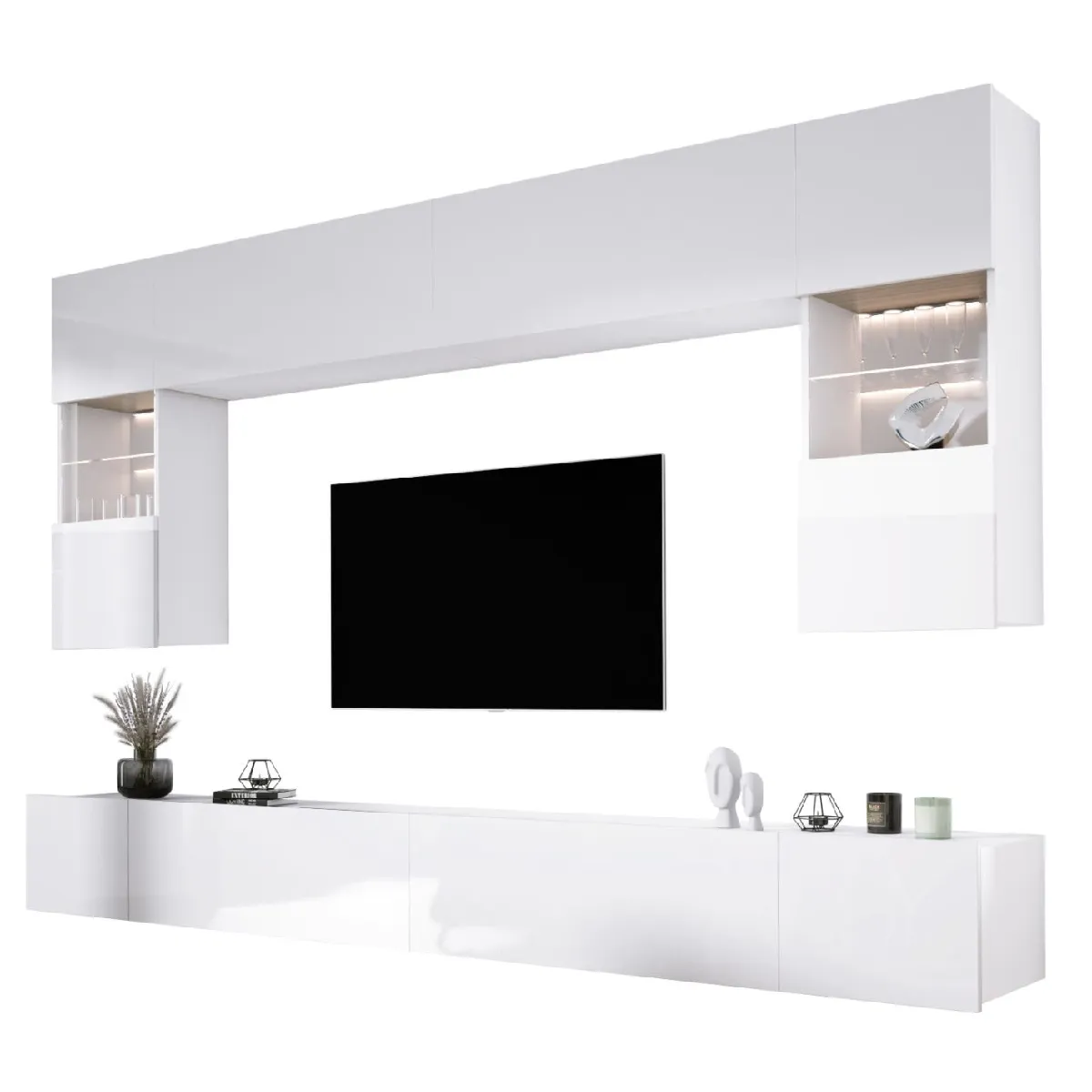 Elément mural: 10 portes, 20 étagères, blanc / blanc brillant, largeur: 300 cm, hauteur: RÉGLABLE, profondeur: 42 cm