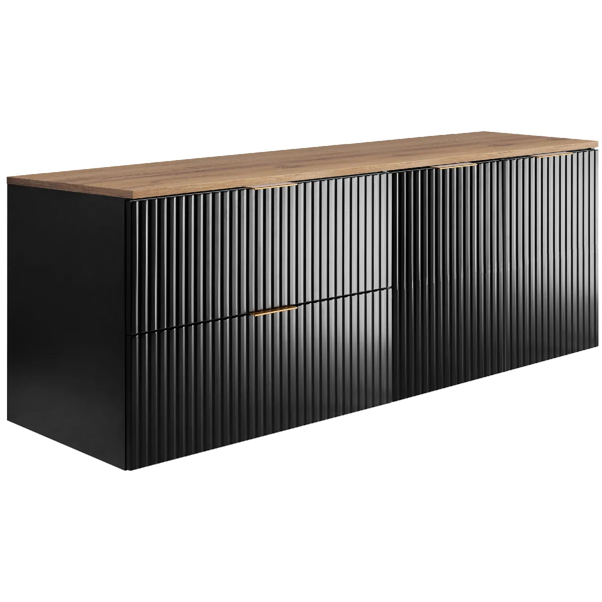 Ensemble de salle de bain: meuble avec tiroirs et meuble avec portes 57x46x160 cm, couleur: noir, chêne Craft, poignée dorée