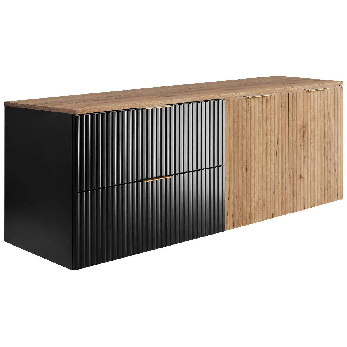 Ensemble de salle de bain: meuble avec tiroirs et meuble avec portes 57x46x160 cm, couleur: noir, Chêne Craft, poignée dorée