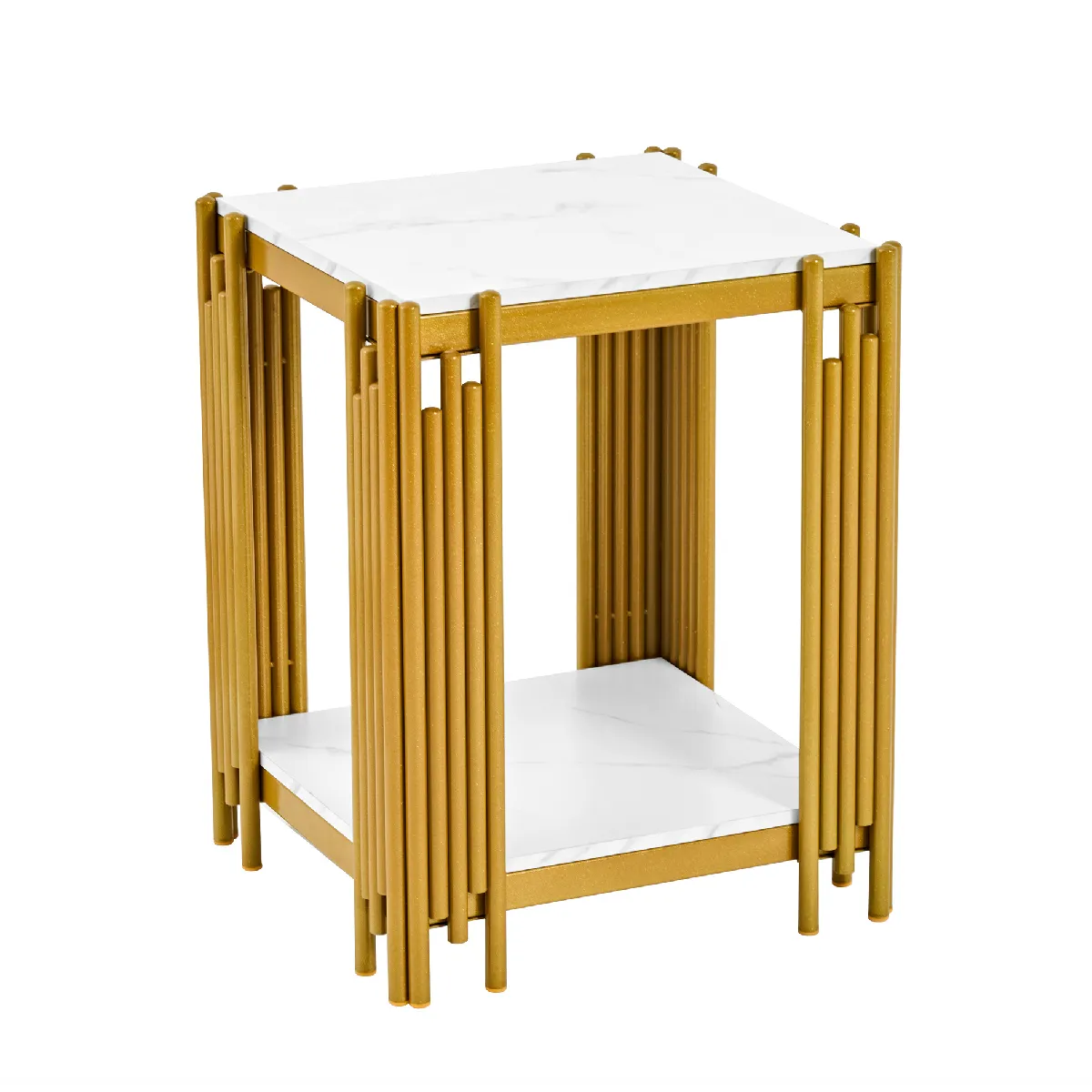 Table de chevet avec deux étagères en MDF aspect marbre et métal blanc et doré