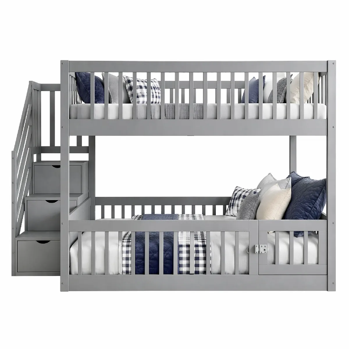 Lit Superposé 140x200 Cm, Avec Escalier De Rangement Et Porte Ouvrante, En Bois, Gris, Sans Matelas