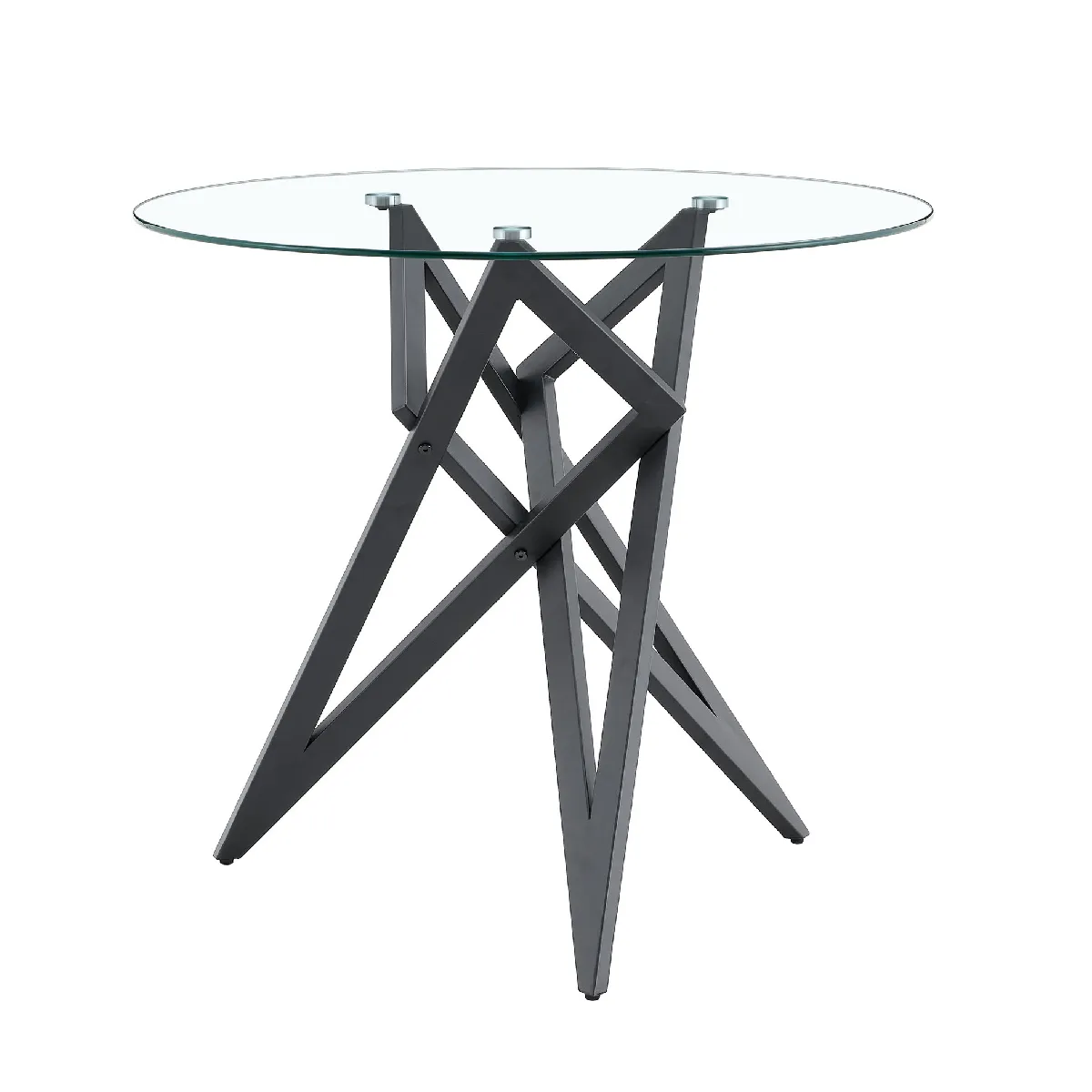 Table basse ronde avec structure croisée géométrique ouverte en verre trempé et métal noir diamètre 85 cm