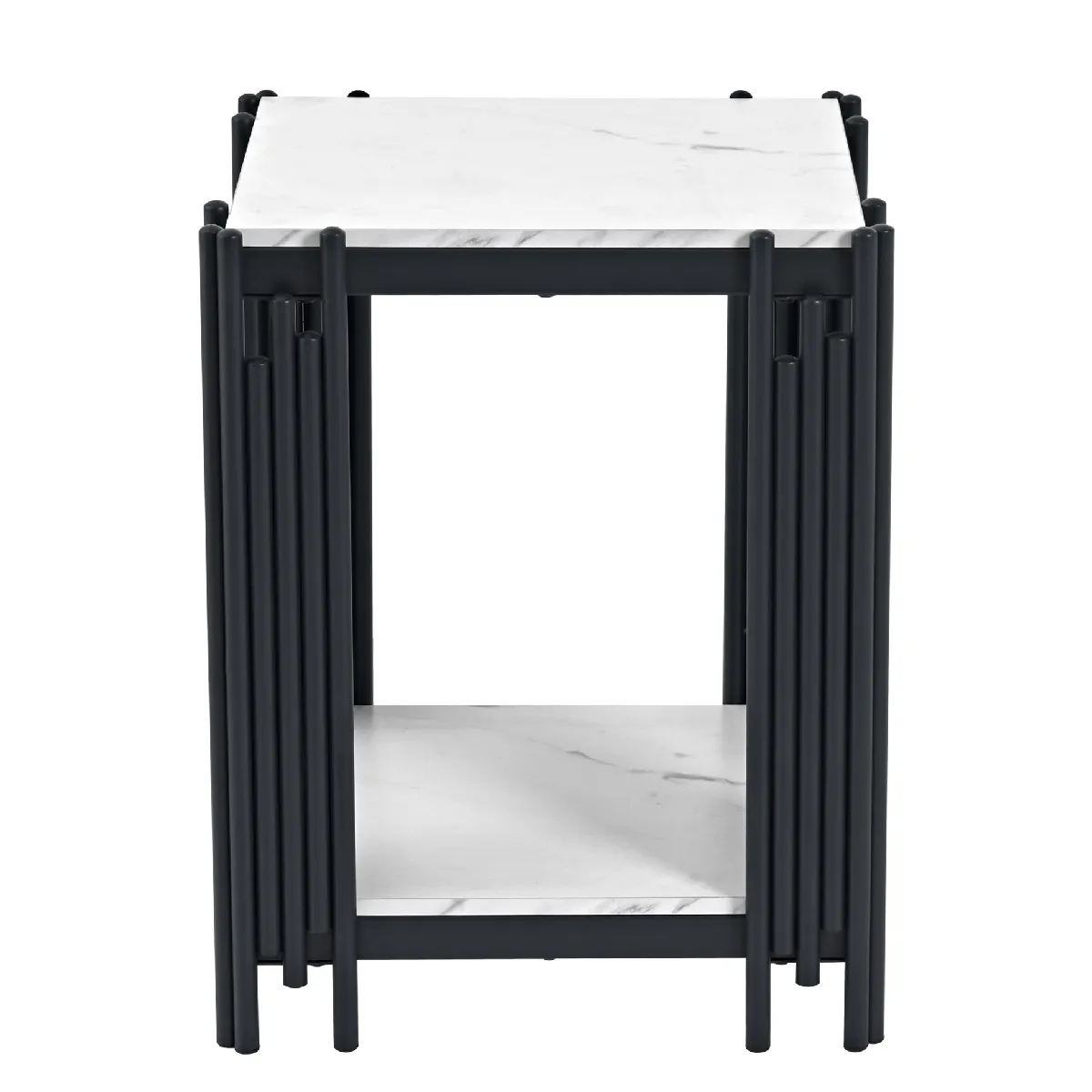 Table auxiliaire moderne avec deux niveaux et barres métalliques verticales aspect marbre en MDF verre et métal noir blanc