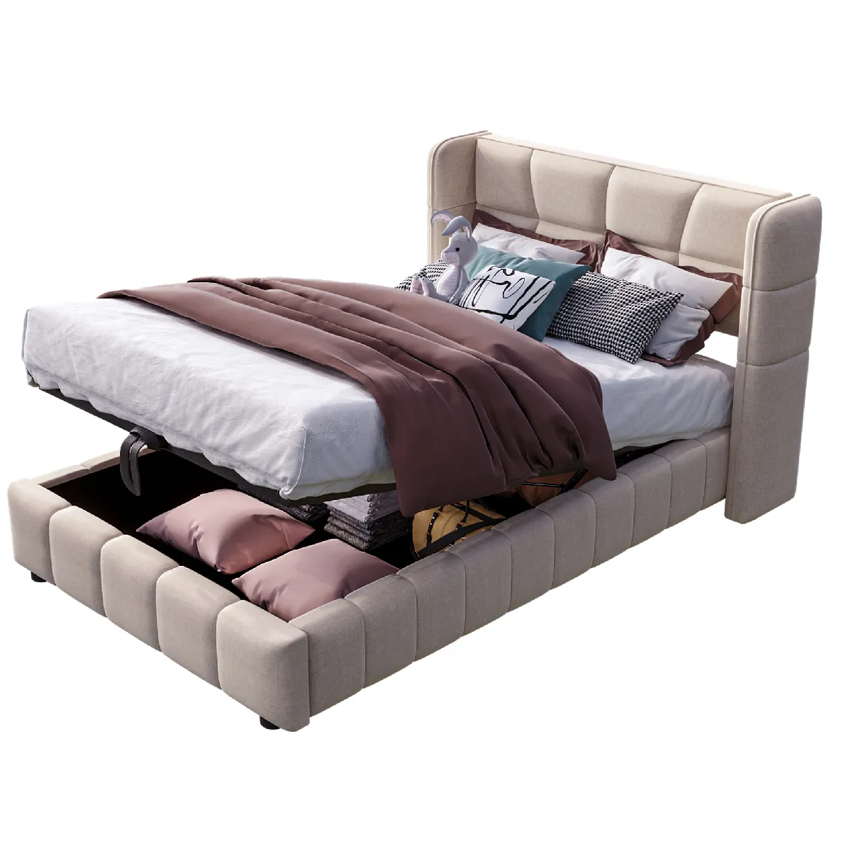 Lit De Rangement 90 X 200 Cm, Lit Rembourré Avec Sommier À Lattes, Tête De Lit Et Système De Rangement Pneumatique, Pour Enfant Et Adolescent - Beige - Sans Matelas