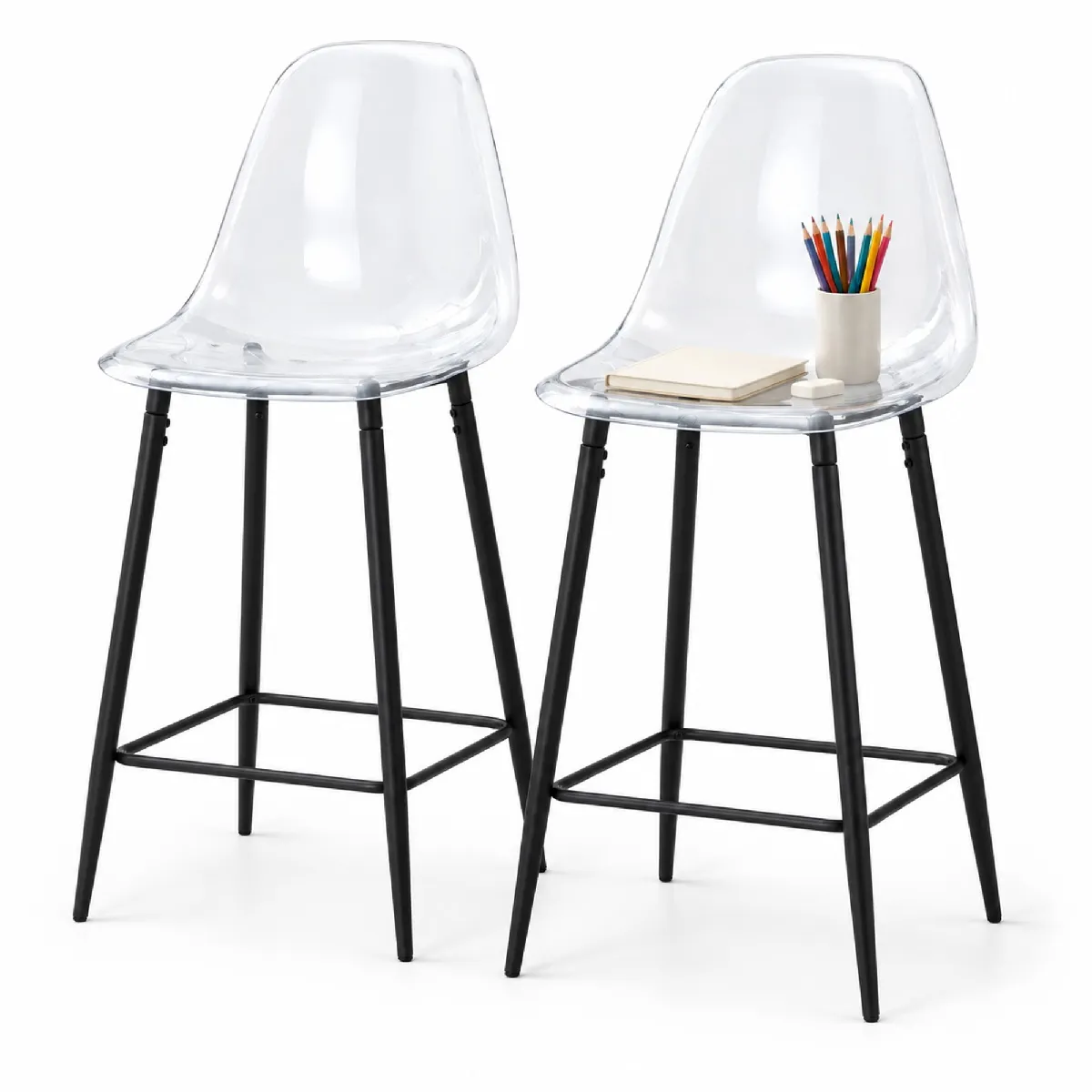 Tabouret de bar transparent en plastique structure métallique noire avec appui pour les pieds