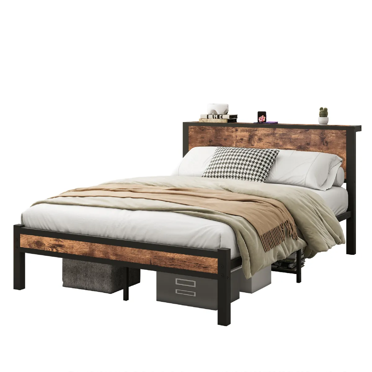 Lit Double 140x200 cm - Lit Ado Métal avec Tête de Lit Rangement, MDF, Marron - Solide et Silencieux - Sans Matelas