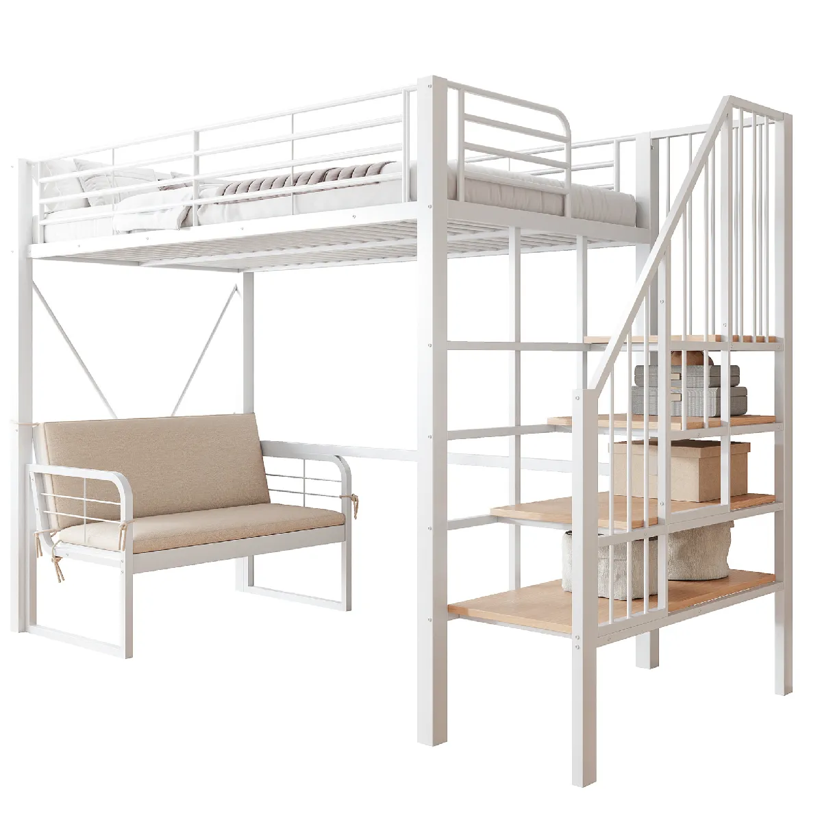 Lit Superposé 90x200 Cm Avec Escalier De Rangement Et Canapé Amovible, En Métal, Blanc, Sans Matelas
