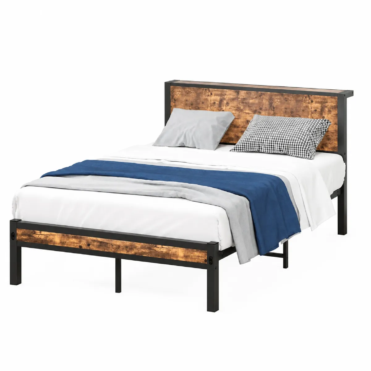 Lit Simple - Lit Métal 120x200 cm avec Tête de Lit et Rangement pour Ado - MDF et Métal - Marron - sans Matelas