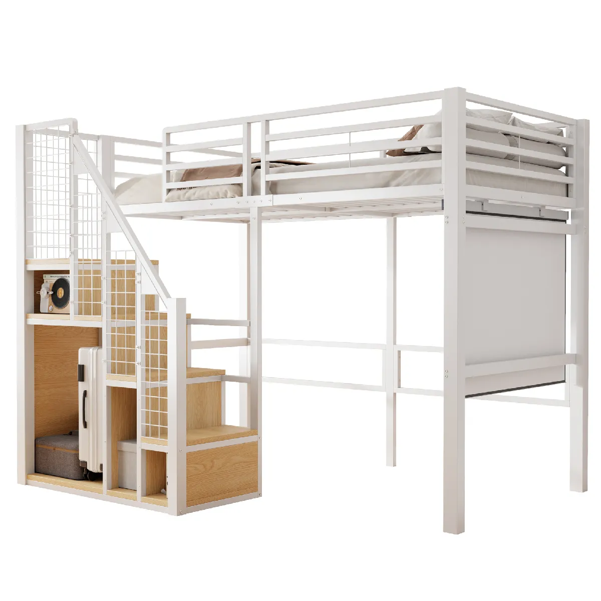 Lit Mezzanine 90x200 Cm - Lit Simple, Lit Pour Adolescent, Avec Cadre En Fer, Espace De Rangement, Échelle De Sécurité - Blanc - Sans Matelas