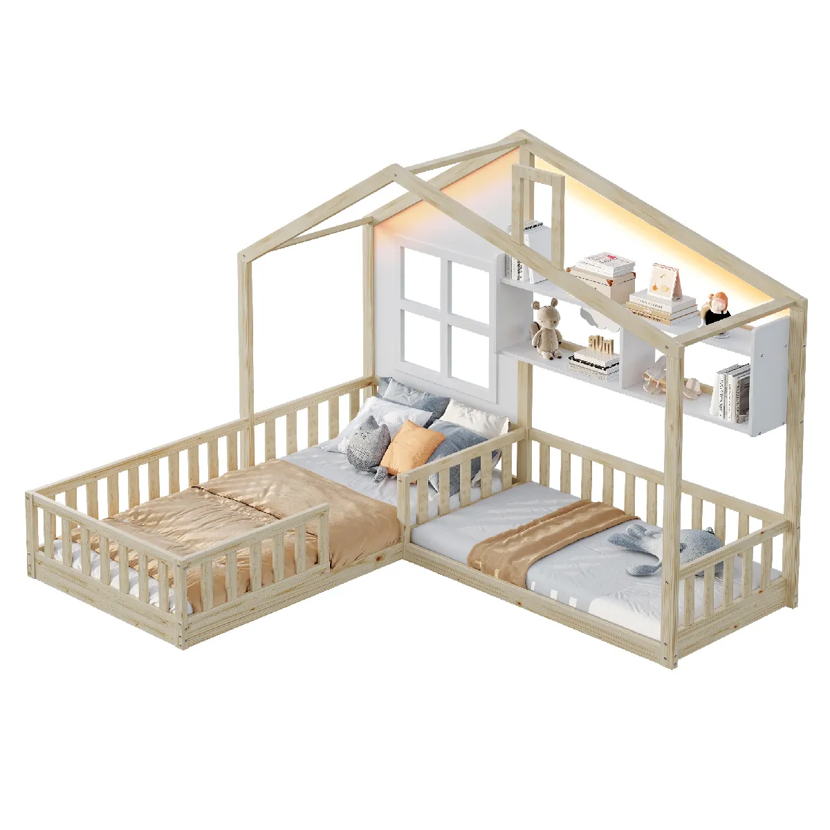 Lit Enfant 90x200 Cm Avec Led Et Étagères, En Bois Naturel, Sans Matelas