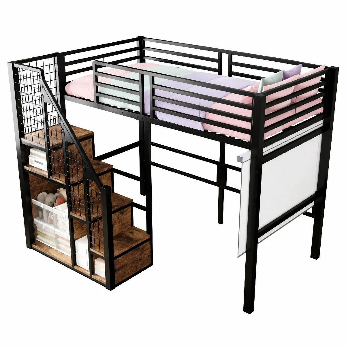 Lit Mezzanine 90x200 Cm - Lit Simple, Lit Enfant, Lit Pour Adolescent, Avec Échelle De Sécurité, Cadre En Fer Et Espace De Rangement - Noir - Sans Matelas
