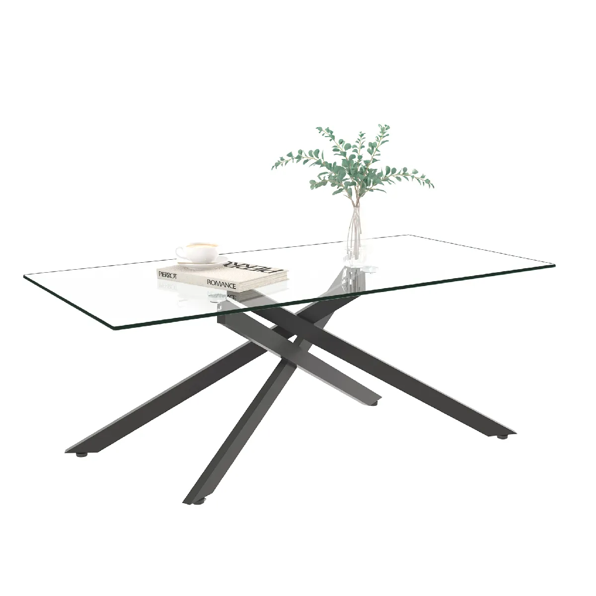 Table basse avec plateau en verre trempé et structure en métal noir