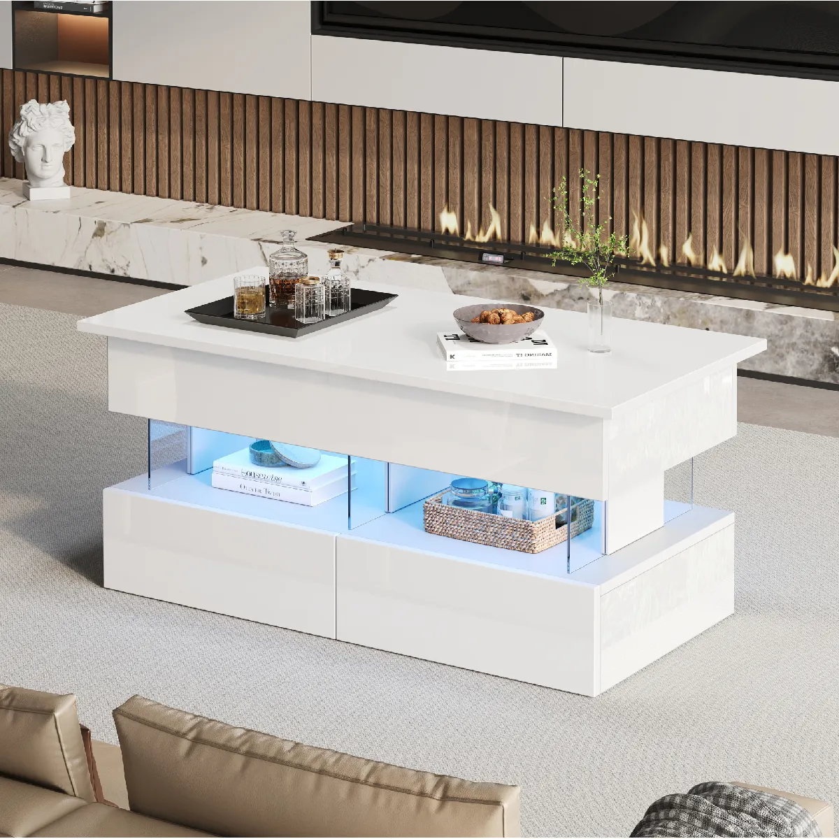 Table Basse Relevable Moderne avec LED et 2 Tiroirs - Table Haute Brillance en MDF et Verre Trempé - Blanc, 120x50x46 cm
