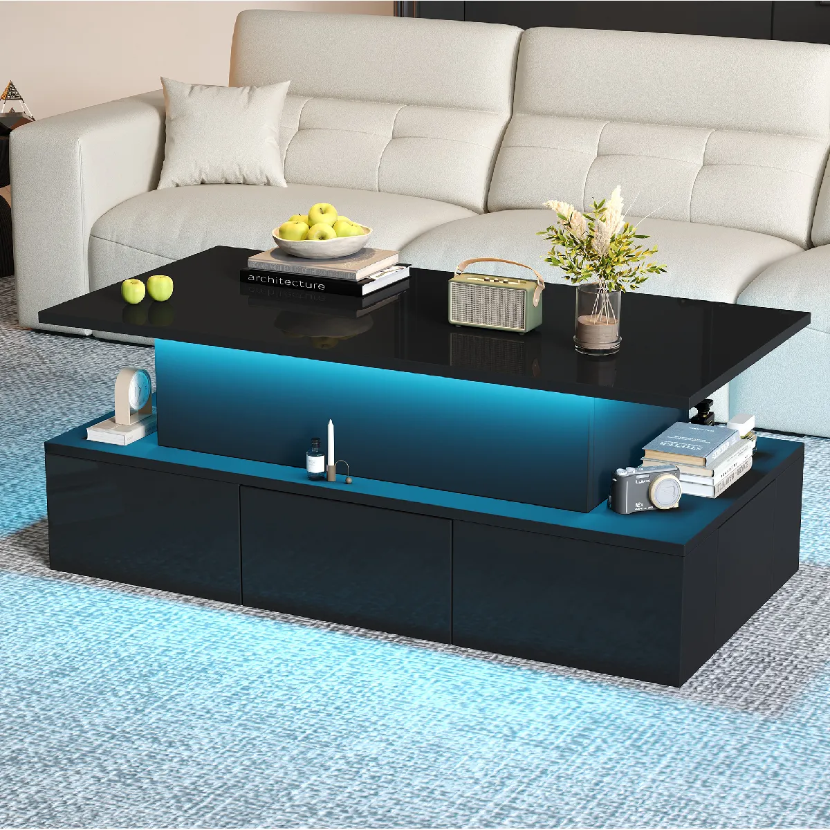 Table Basse Relevable - avec 4 Tiroirs et Éclairage LED Intégré, MDF, Noir, 100x50x40 cm