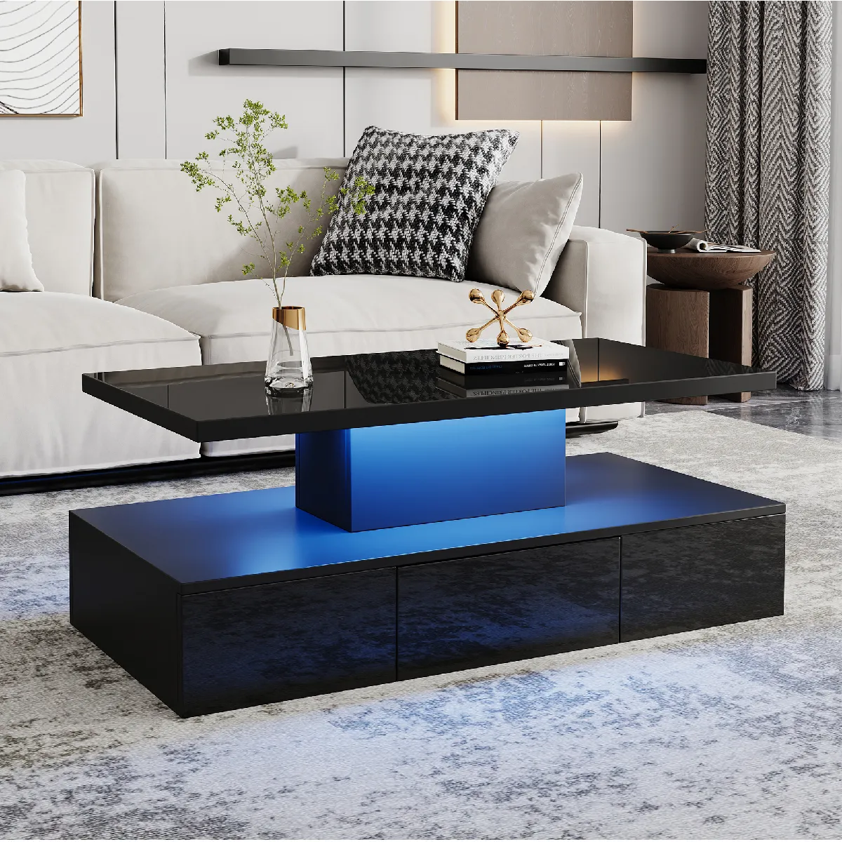 Table Basse - Table de Salon Moderne avec LED 16 Couleurs et Tiroir Coulissant, Double Niveau, MDF, Noir, 100x50x39 cm