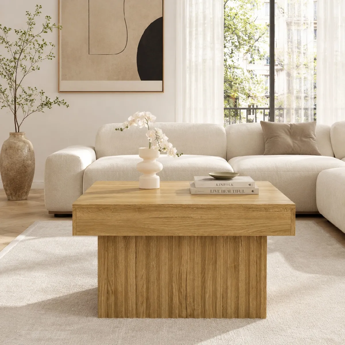 Table Basse Carrée Moderne avec Bois MDF/PB et Design Robuste pour Salon - 79x79x46 cm - Naturel