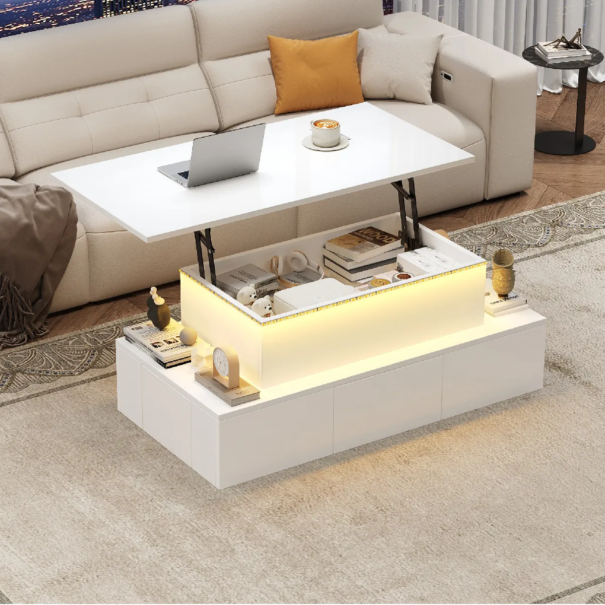 Table Basse Relevable - avec 4 Tiroirs et Éclairage LED Intégré, MDF, Blanc, 100x50x40 cm
