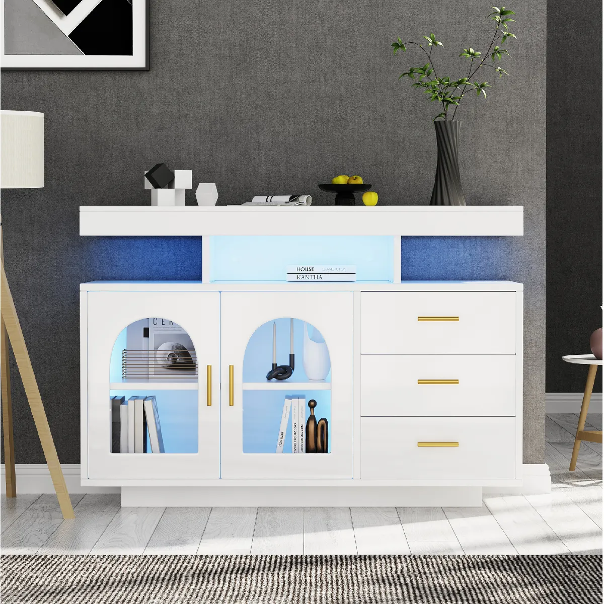 Buffet Moderne avec Tiroirs, Portes Battantes, Éclairage LED 16 Couleurs, MDF+Acrylique, Blanc, 120x40x80 cm