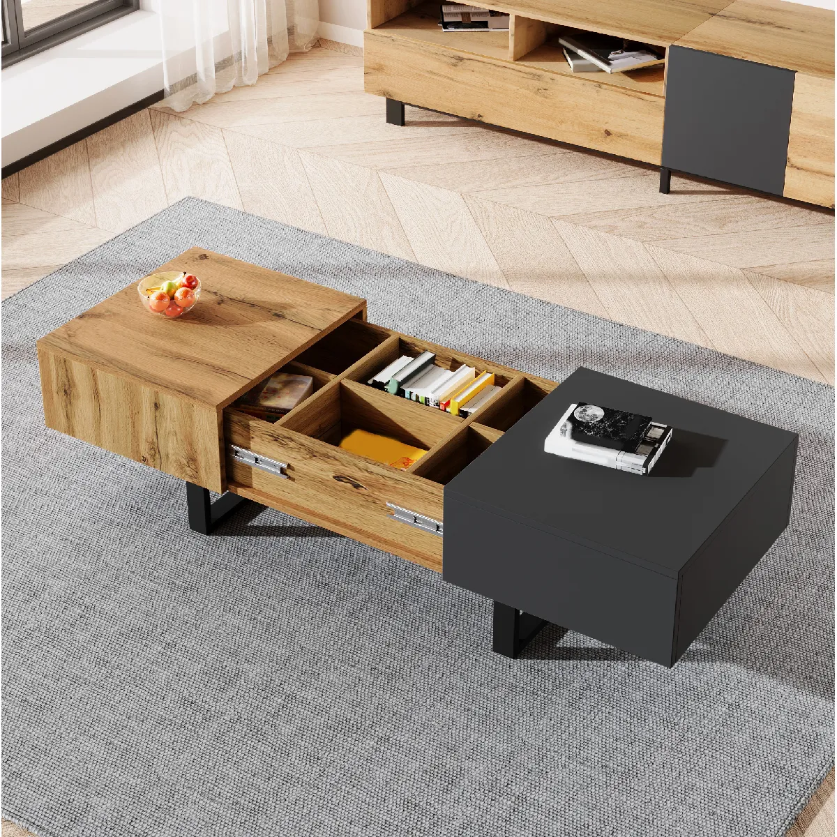 Table Basse Moderne avec Rangement Coulissant - Table de Salon design en Bois et Métal - Noir et Bois - 155x55x40 cm