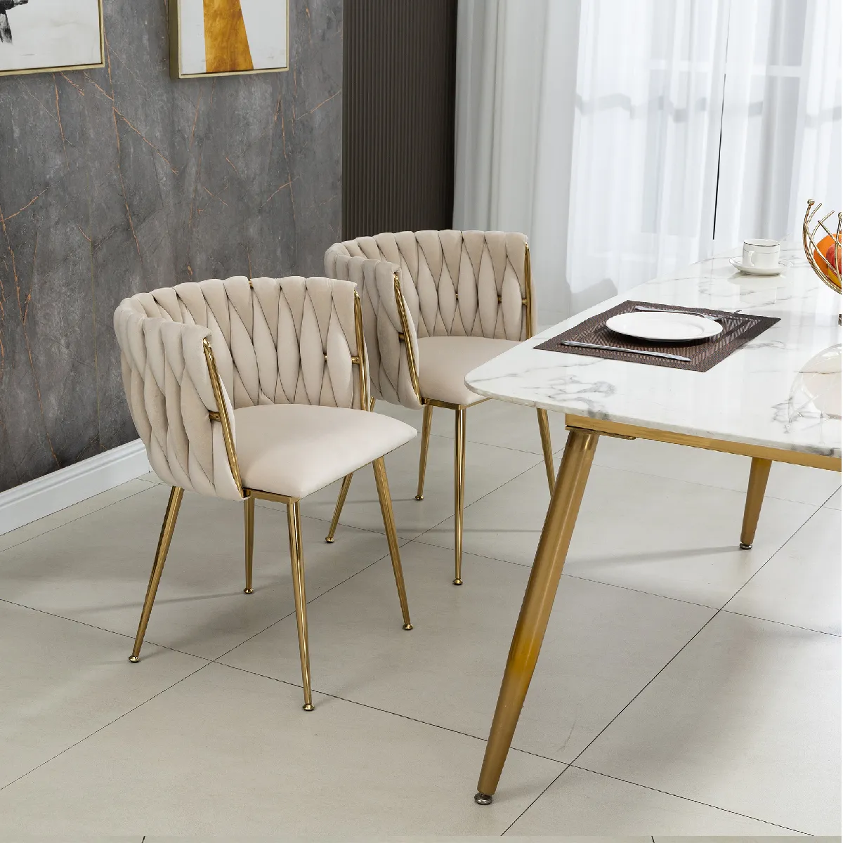 Chaise de Salle à Manger 2 Pièces Moderne avec Dossier Tressé à la Main - Assise Rembourrée Confortable, Pieds Métal Doré - Ivoire