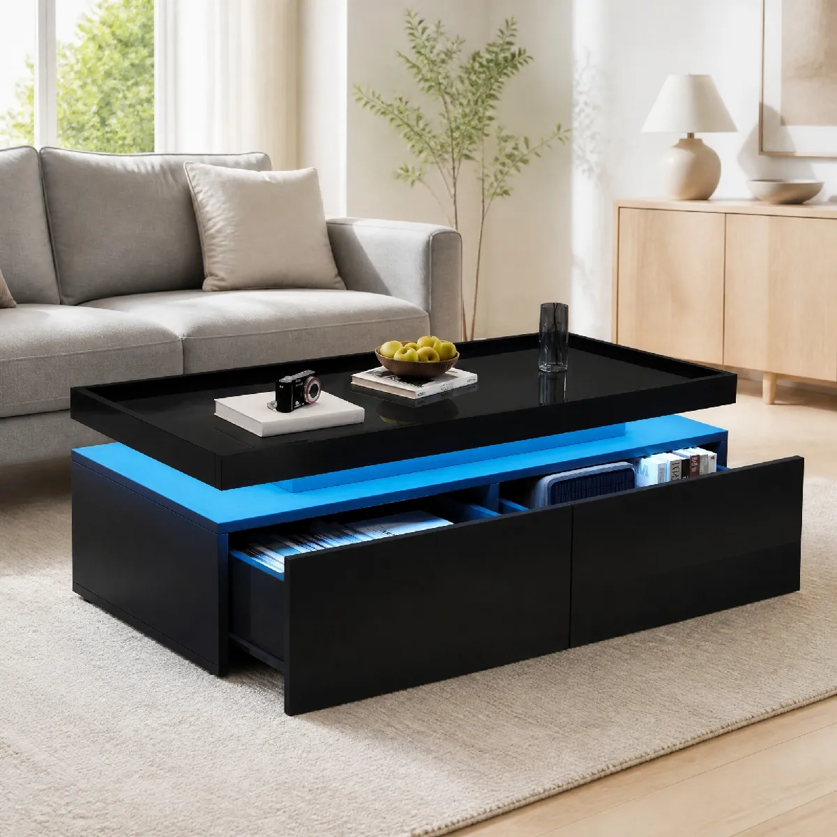 Table Basse - Table Basse Salon 95x45x35 cm avec 2 Tiroirs et LED Contrôlable via Application Mobile, design Géométrique, Noir