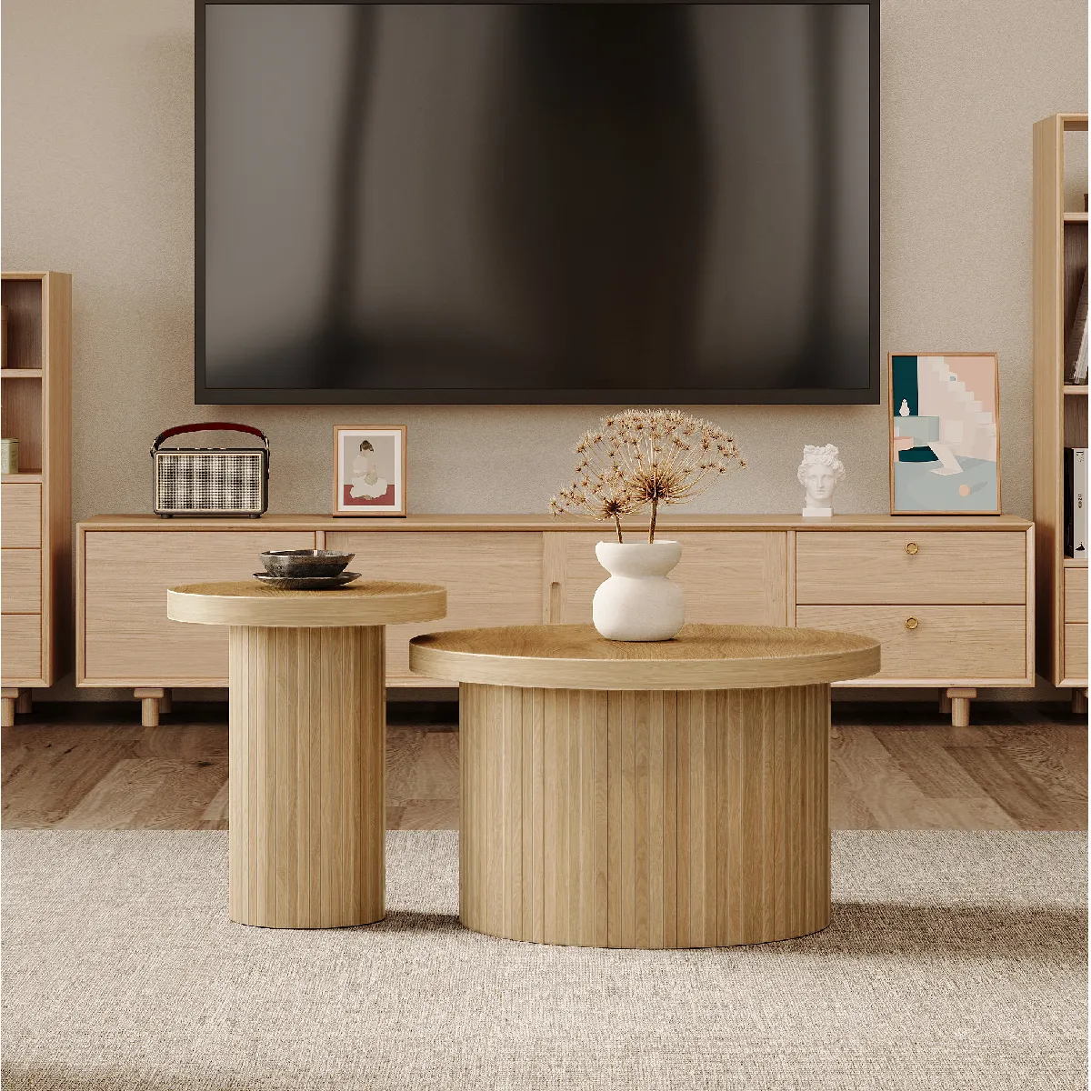 Table Basse Ronde 2 Pièces en Bois Naturel - Tables d'Appoint Empilables au design Scandinave - Structure en MDF Solide - Naturel