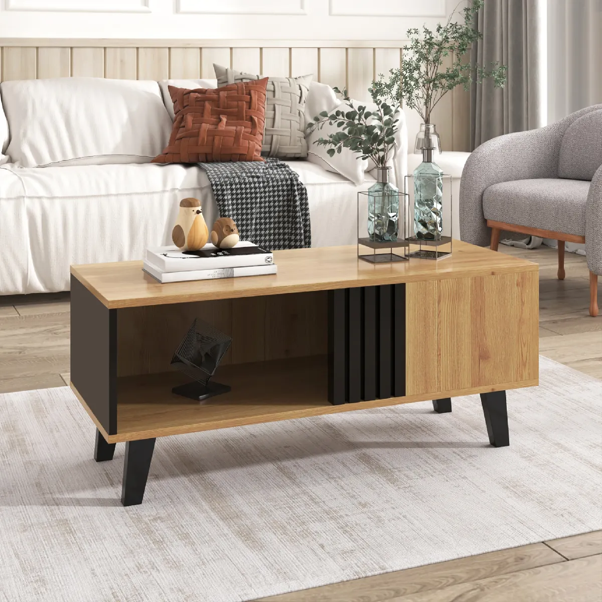 Table Basse Moderne avec Tiroir Latéral, Espace de Rangement Intégré, Structure en Panneaux de Particules - Naturel, 100x60x45 cm