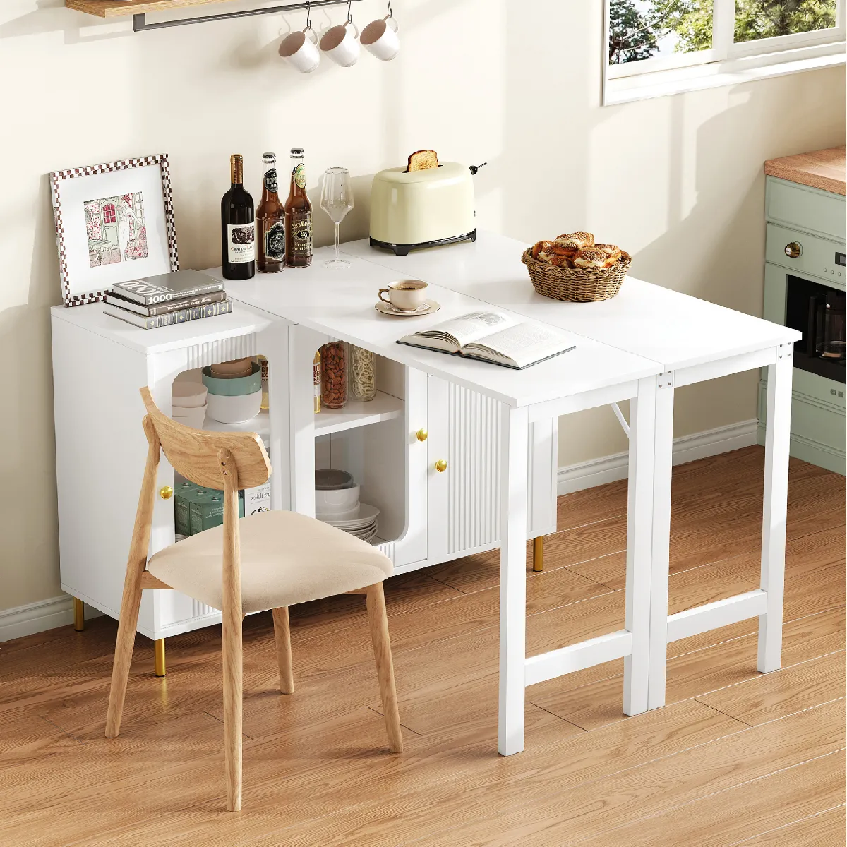 Buffet Blanc Table Extensible Pliable Intégrée, Pieds Métal Doré, Portes Coulissantes en Verre, Étageres Réglables - 122x116x82 cm