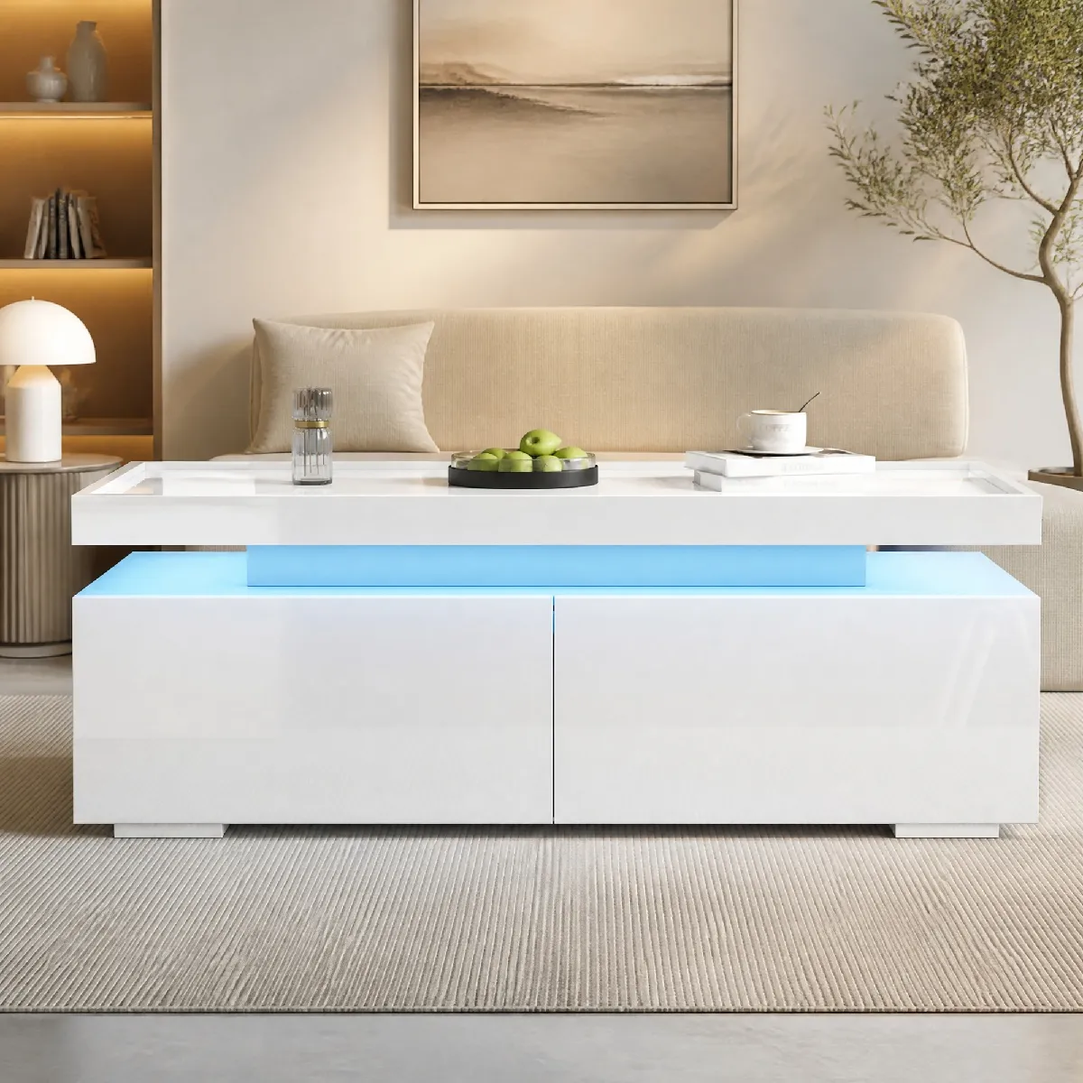 Table Basse avec Rangement, 2 Tiroirs et LED Télécommandée, Design Géométrique, Panneau de Particules - Blanc, 95x45x35 cm