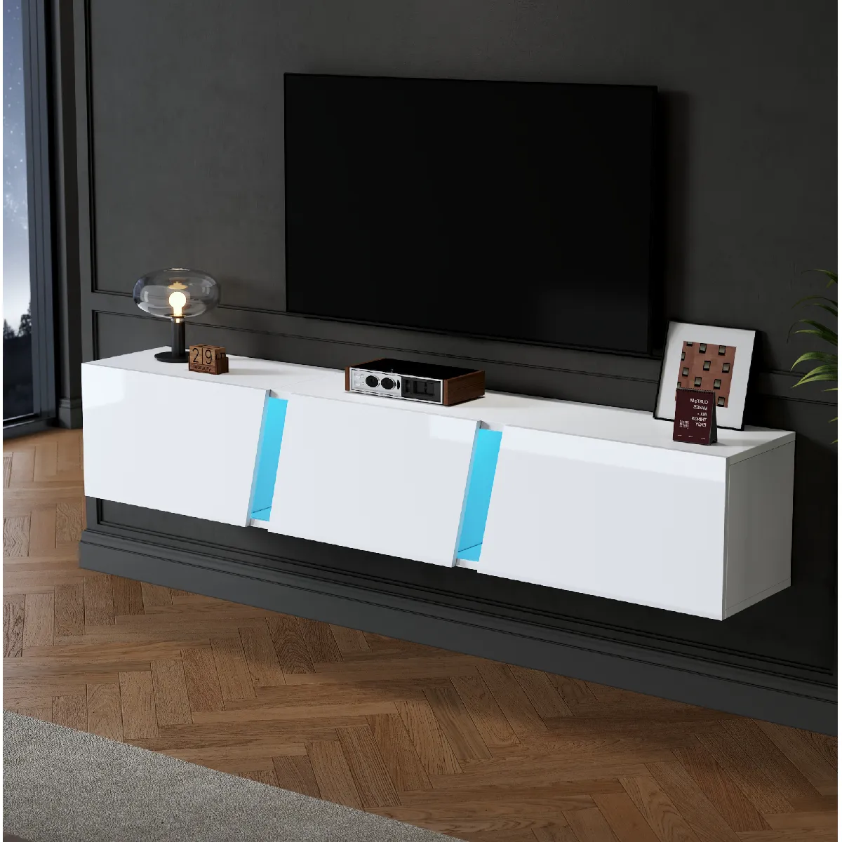 Meuble TV Mural avec 3 Portes, Éclairage LED Contrôlé Par Application, Panneau de Particules et Acrylique, 180x35x30 cm - Blanc