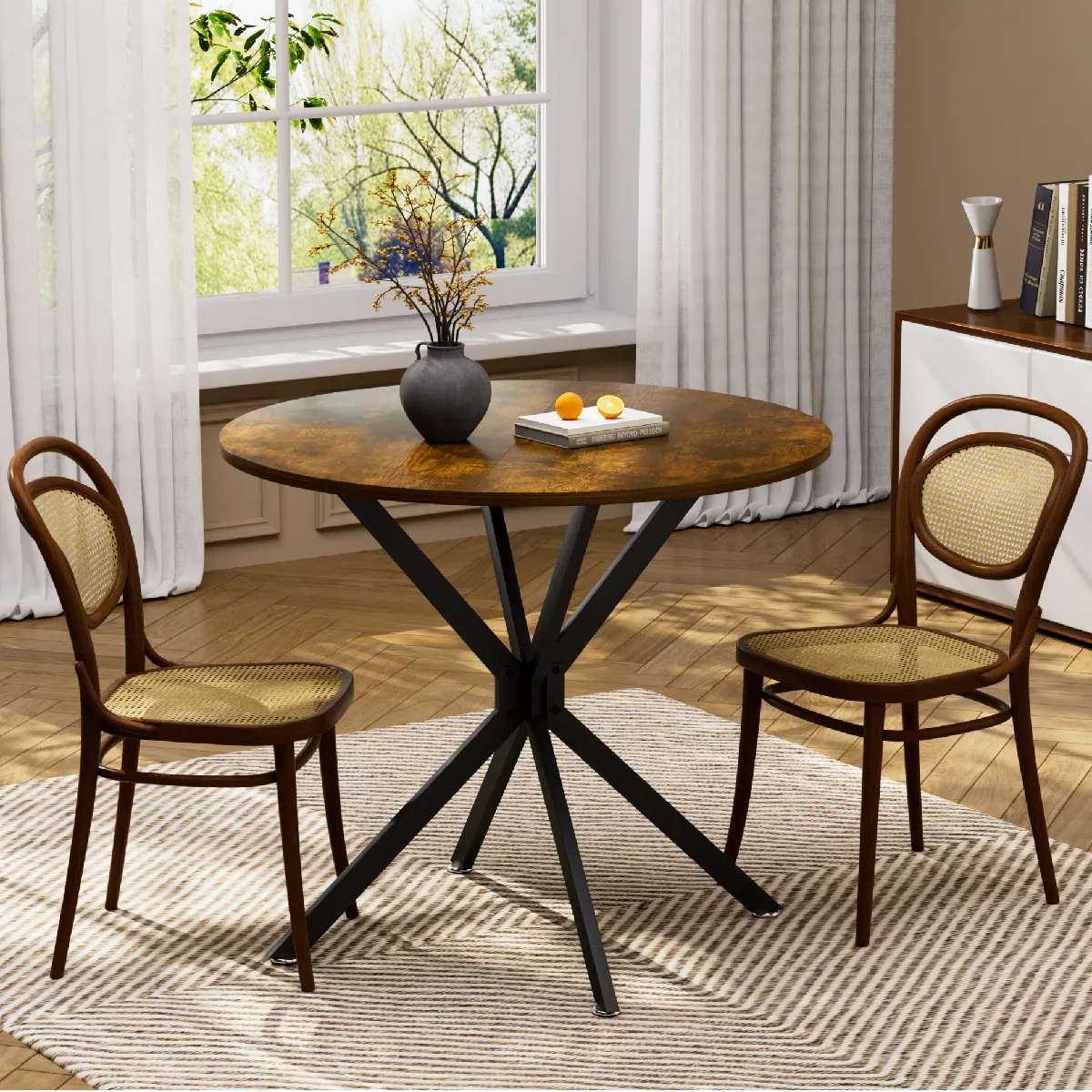 Table De Salle À Manger Ronde 90 Cm Avec Pieds En Métal, Brun Rustique Et Noir, Pour 1 À 4 Personnes