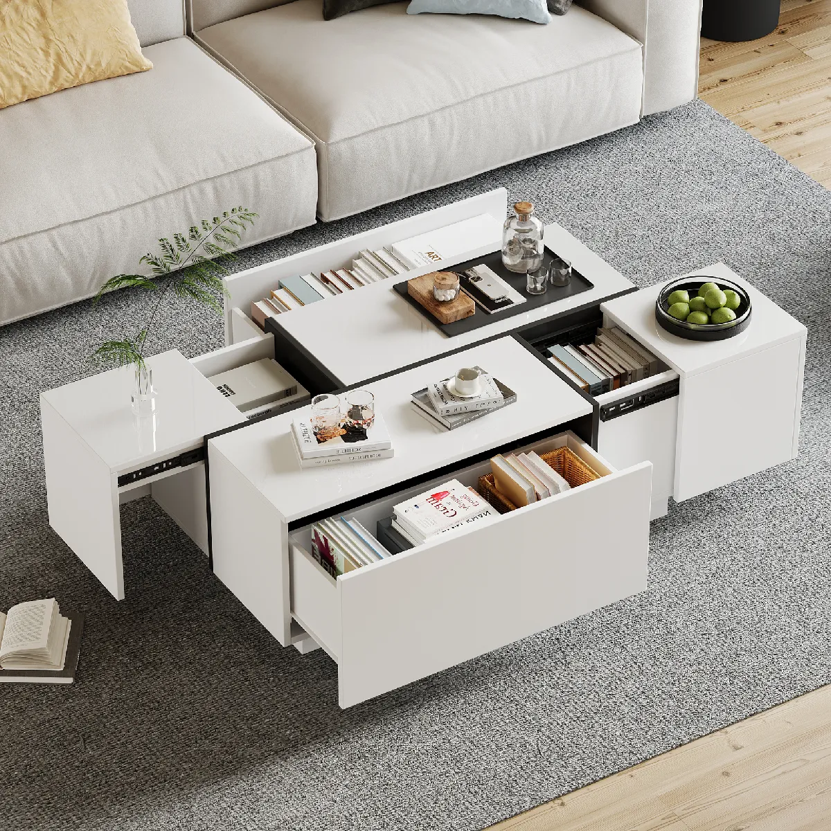 Table Basse avec 4 Tiroirs et Capacité 30 kg, Panneau de Particules, 100 x 60 x 40 cm - Blanc et Noir