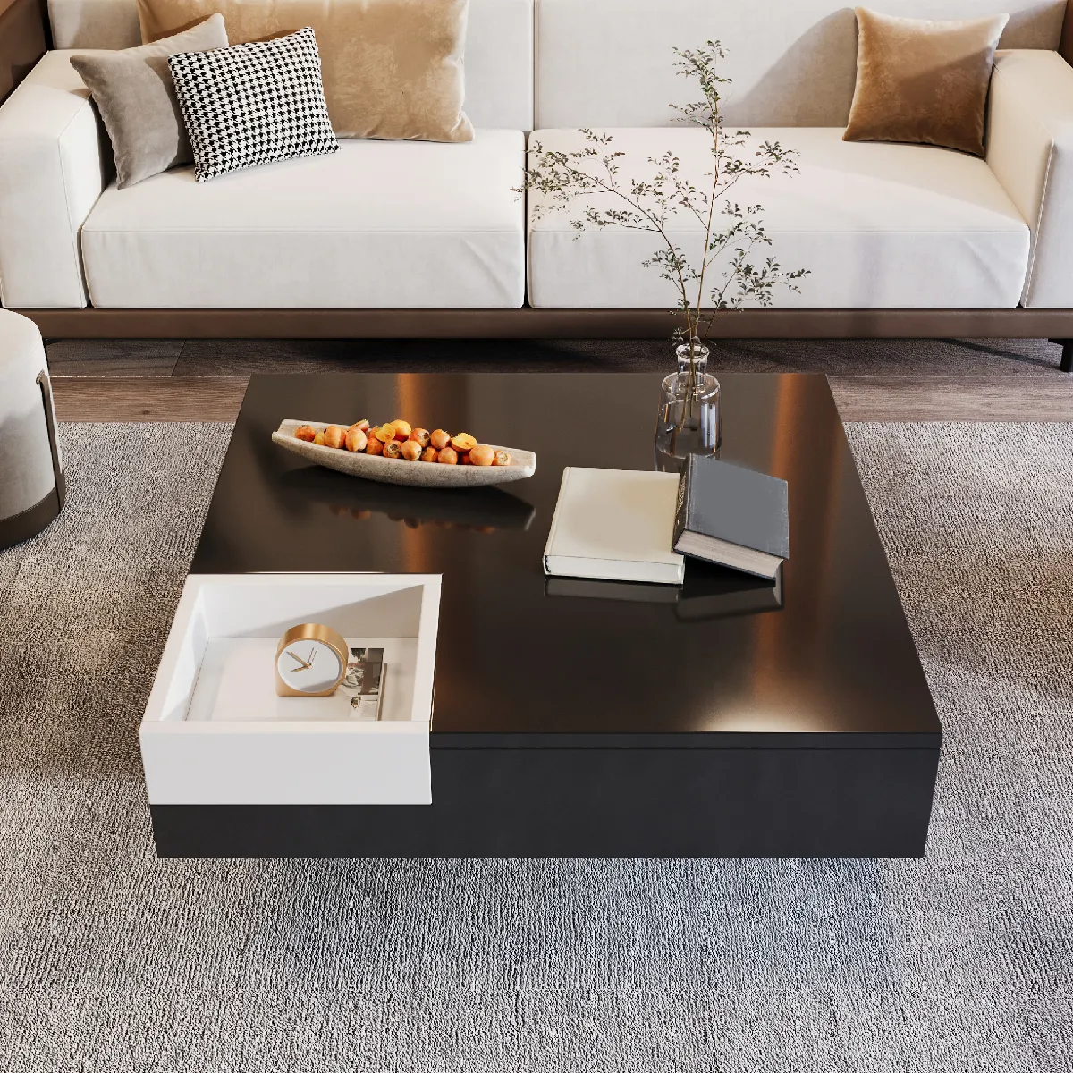 Table Basse Carrée avec LED et Boîte de Rangement Amovible, MDF, 72x72x30 cm - Noir