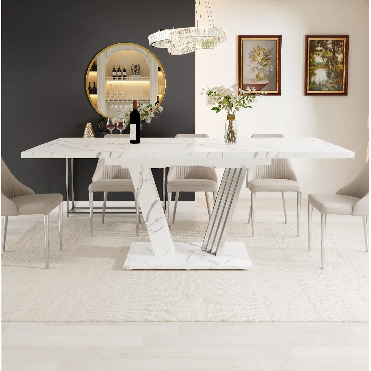 Table à manger extensible blanche avec pieds 120/160 x 80 x 76 cm