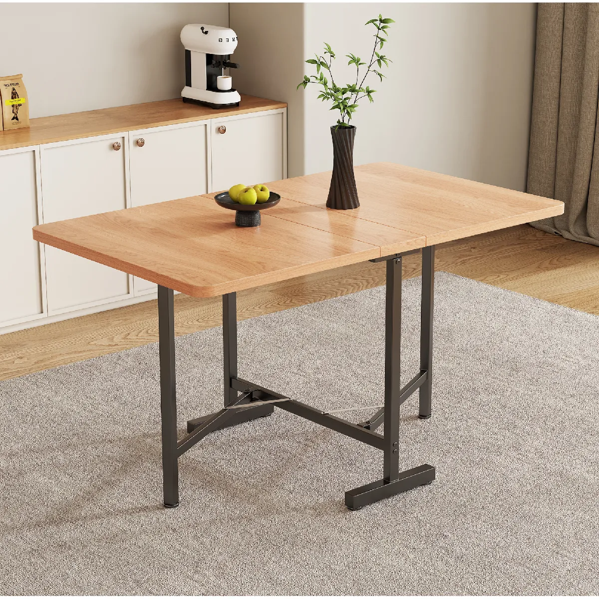 Table à Manger Extensible, Plateau Rectangulaire avec Pieds Métal Noirs, MDF, Naturel, 120x80x75 cm