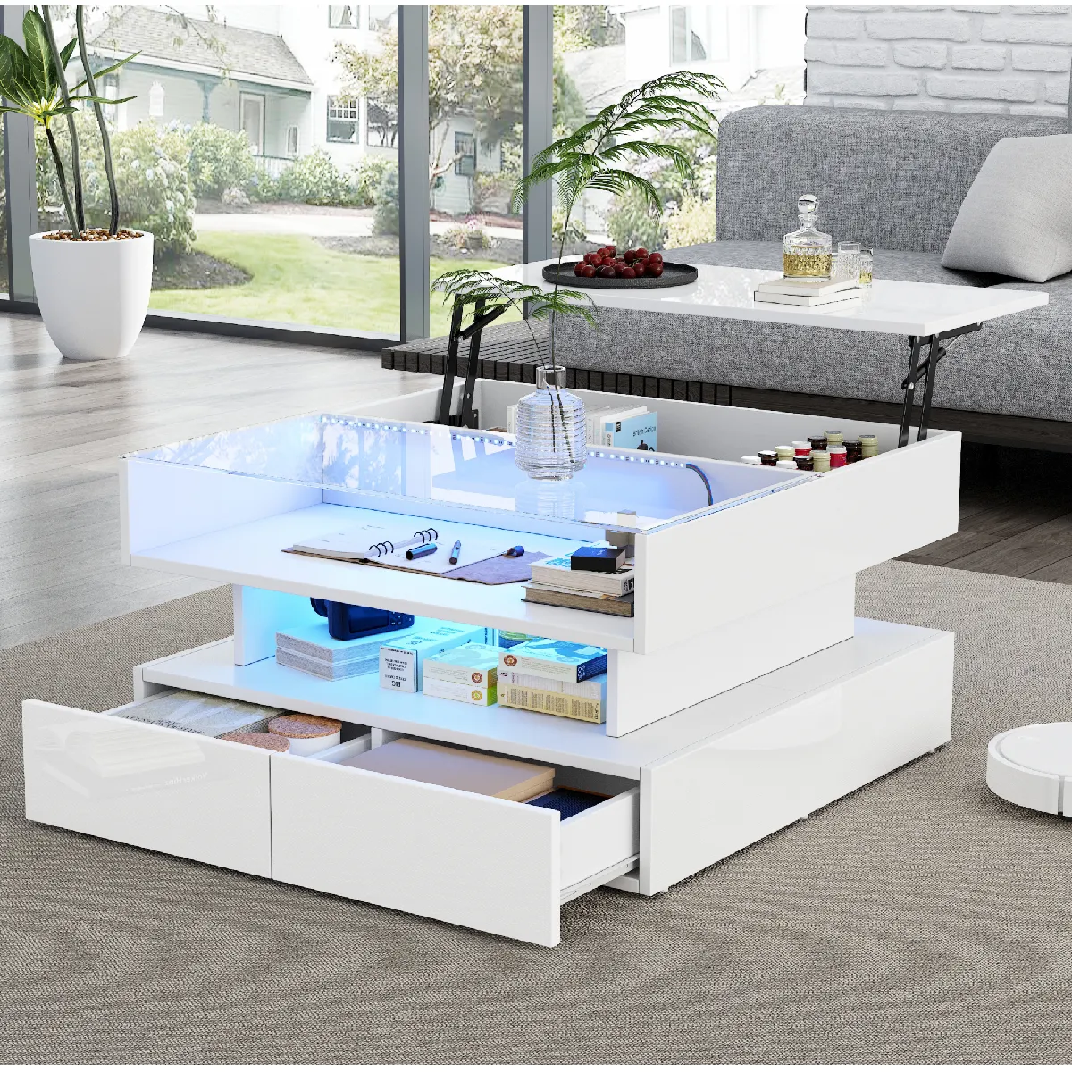 Table Basse Relevable LED - Table Basse Moderne avec Tiroirs et Rangement Caché - 80x80x45 cm - Blanc
