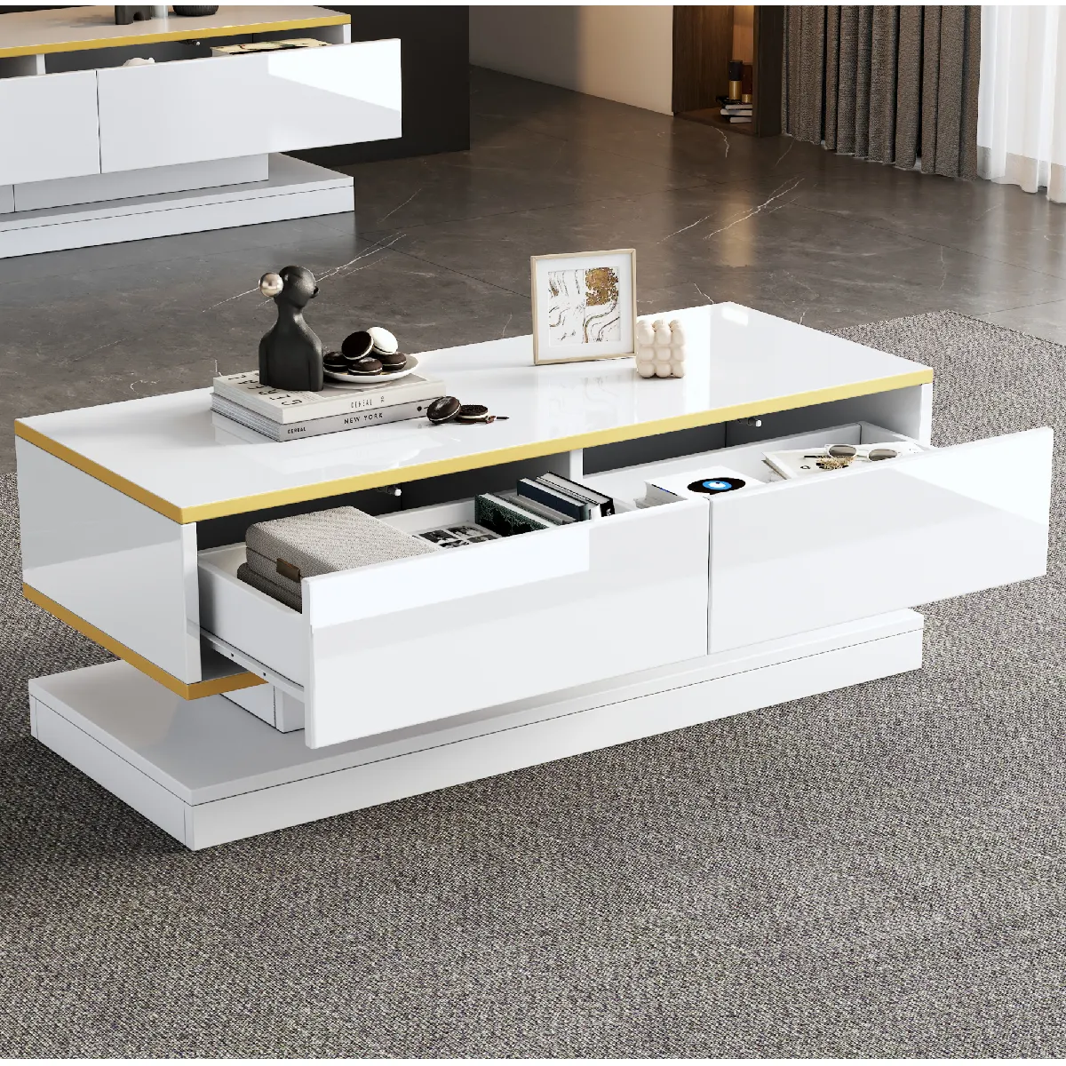 Table basse blanche et dorée avec 2 tiroirs 100x50x38 cm
