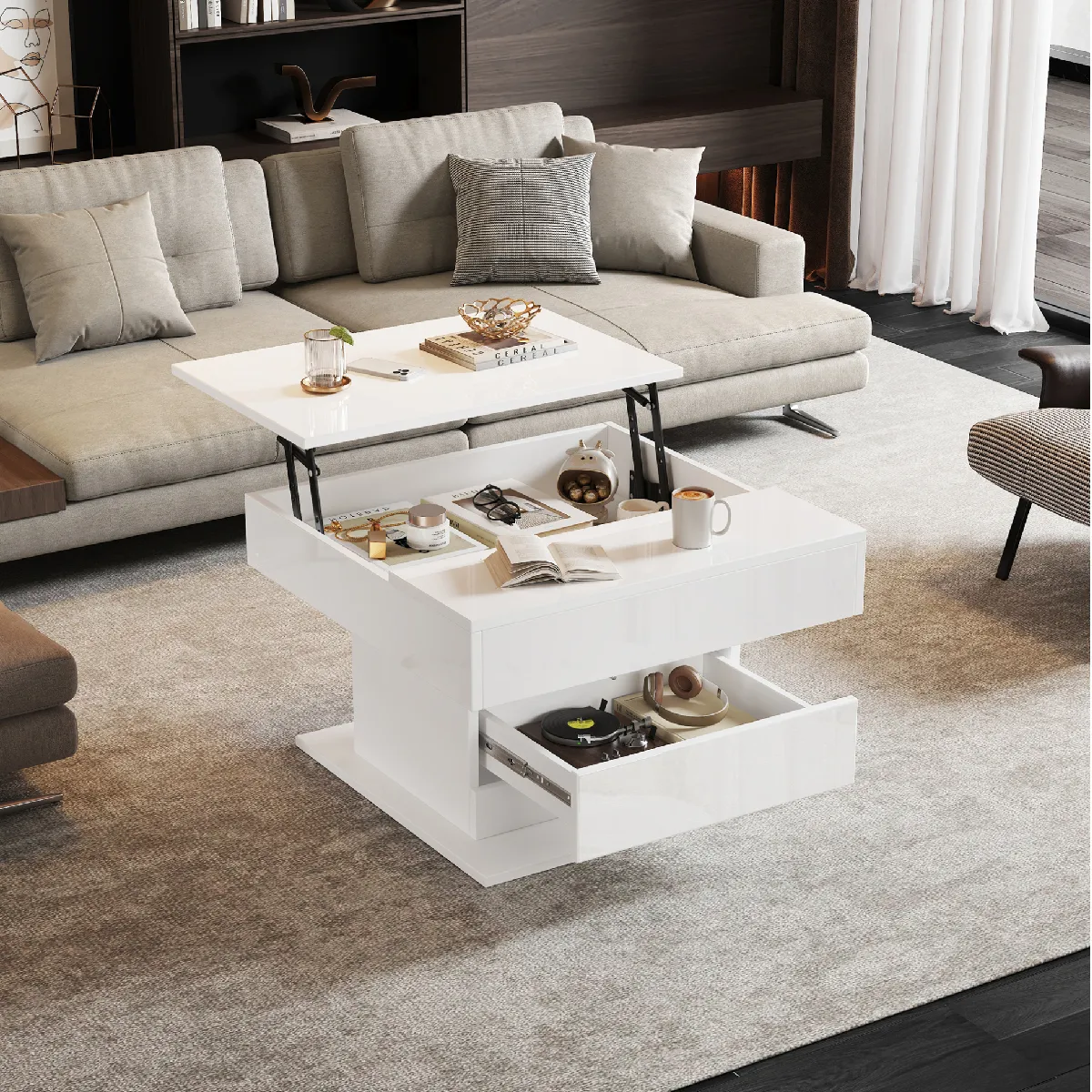 Table Basse Carrée Blanche Brillante 70x70 Cm Avec Plateau Relevable Pivotant À 360°, 1 Tiroir Et Rangement Caché